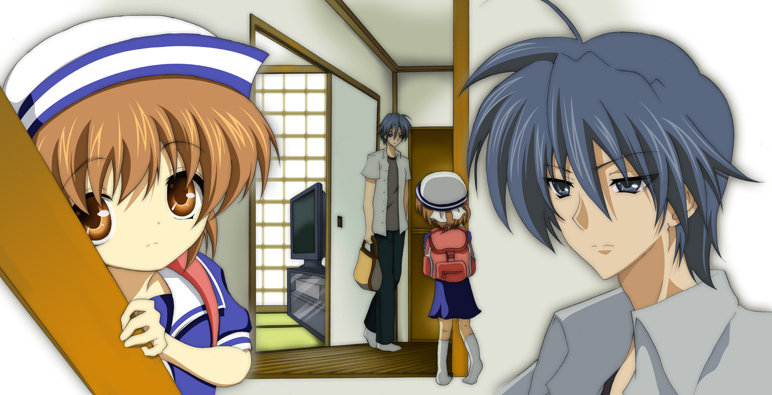 yukiomi haku, okazaki tomoya, okazaki ushio, clannad, bad id, bad pixiv id, 00s, 1boy, 1girl, age difference, backpack, bag, blue eyes, blue hair, brown eyes, brown hair, dixie cup hat, dress, father and daughter, hat, matching hair/eyes, military hat, sailor, sailor dress, short hair