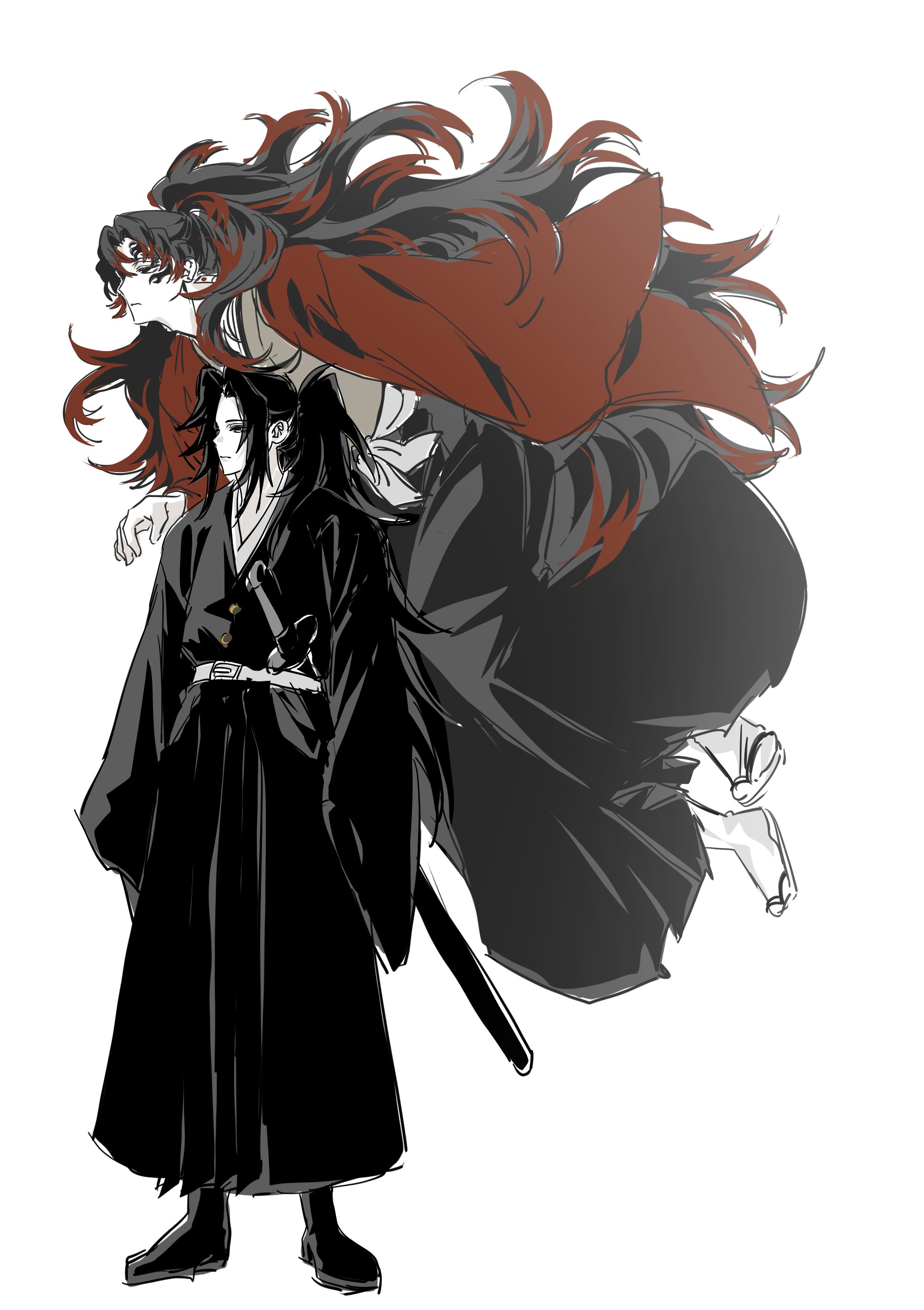 tsugikuni michikatsu, tsugikuni yoriichi, kimetsu no yaiba, absurdres, highres, 2boys, belt, black hair, black hakama, black kimono, black socks, floating, full body, hakama, haori, high ponytail, japanese clothes, katana, kimono, leia ggn, long hair, male focus, multiple boys, ponytail, red hair, red haori, sandals, simple background, socks, spiked hair, standing, sword, very long hair, weapon, white background, white socks, wide sleeves
