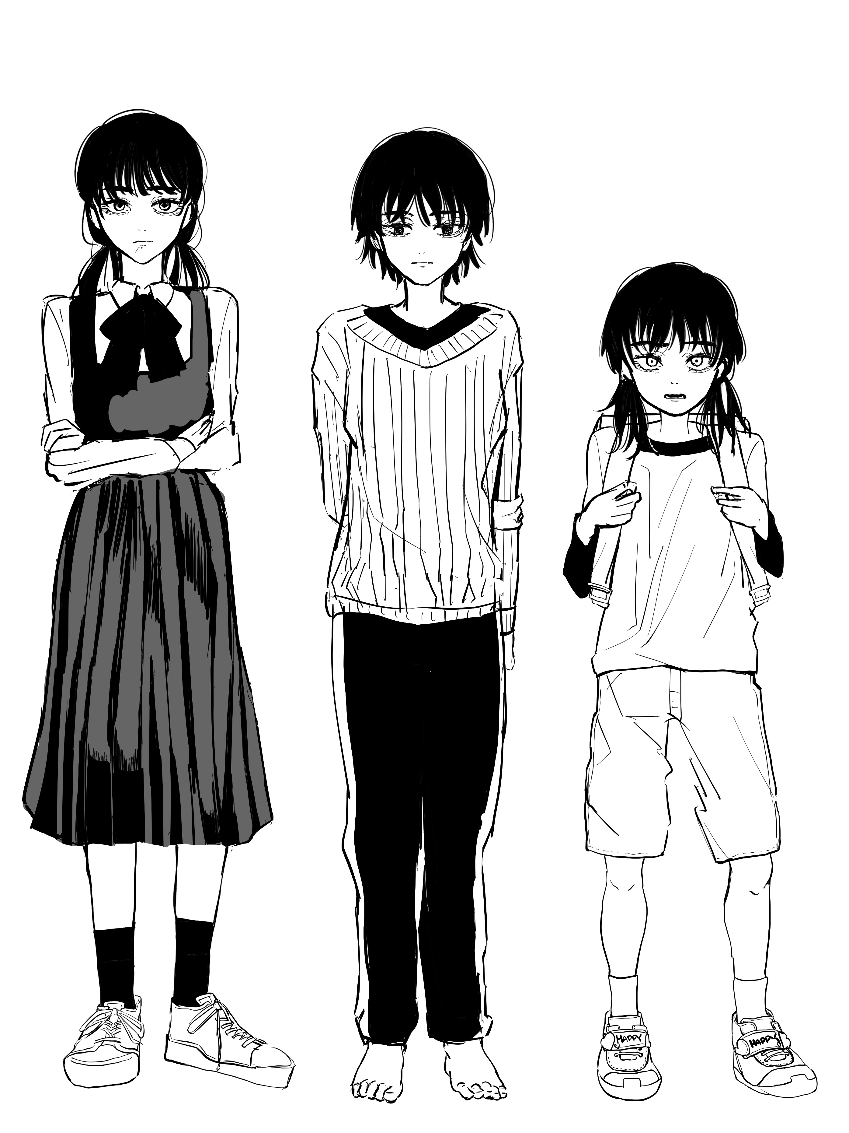 crck, mitaka asa, chainsaw man, absurdres, highres, 1girl, age progression, backpack, bag, closed mouth, crossed arms, dress, fourth east high school uniform, full body, greyscale, long sleeves, looking at viewer, low twintails, medium hair, monochrome, pants, pinafore dress, school uniform, shirt, short hair, shorts, sleeveless, sleeveless dress, standing, sweater, twintails