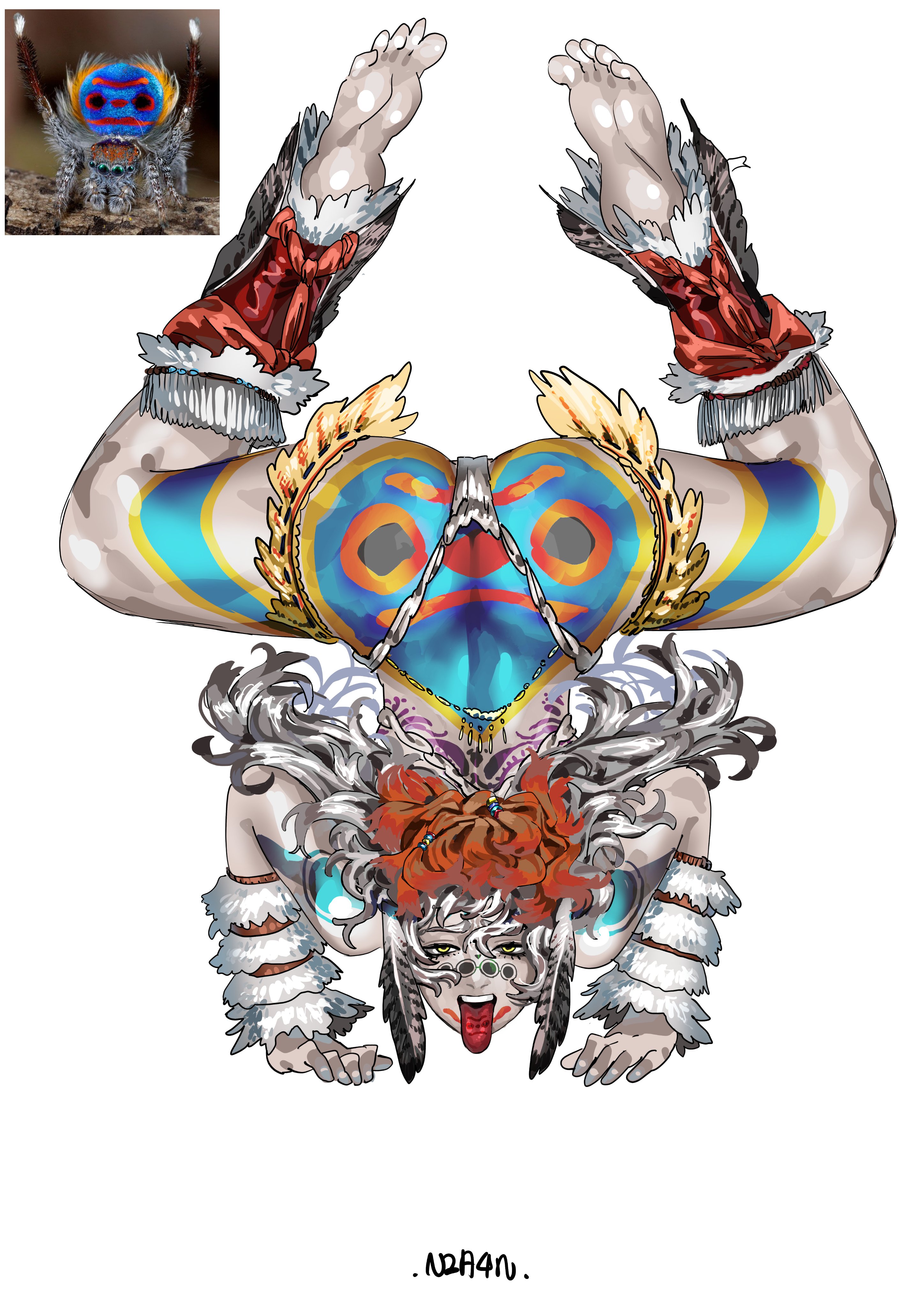 arnanra, original, absurdres, highres, 1girl, artist name, ass, back, barefoot, beads, bug, detached sleeves, facial tattoo, feet, full-body tattoo, full body, fur sleeves, fur thigh strap, grey hair, hair beads, hair ornament, handstand, highleg, highleg panties, long hair, looking at viewer, multicolored hair, open clothes, panties, personification, photo inset, red hair, reference inset, sidelocks, signature, simple background, solo, spider, tattoo, thong, tongue, tongue out, two-tone hair, underwear, white background, yellow eyes