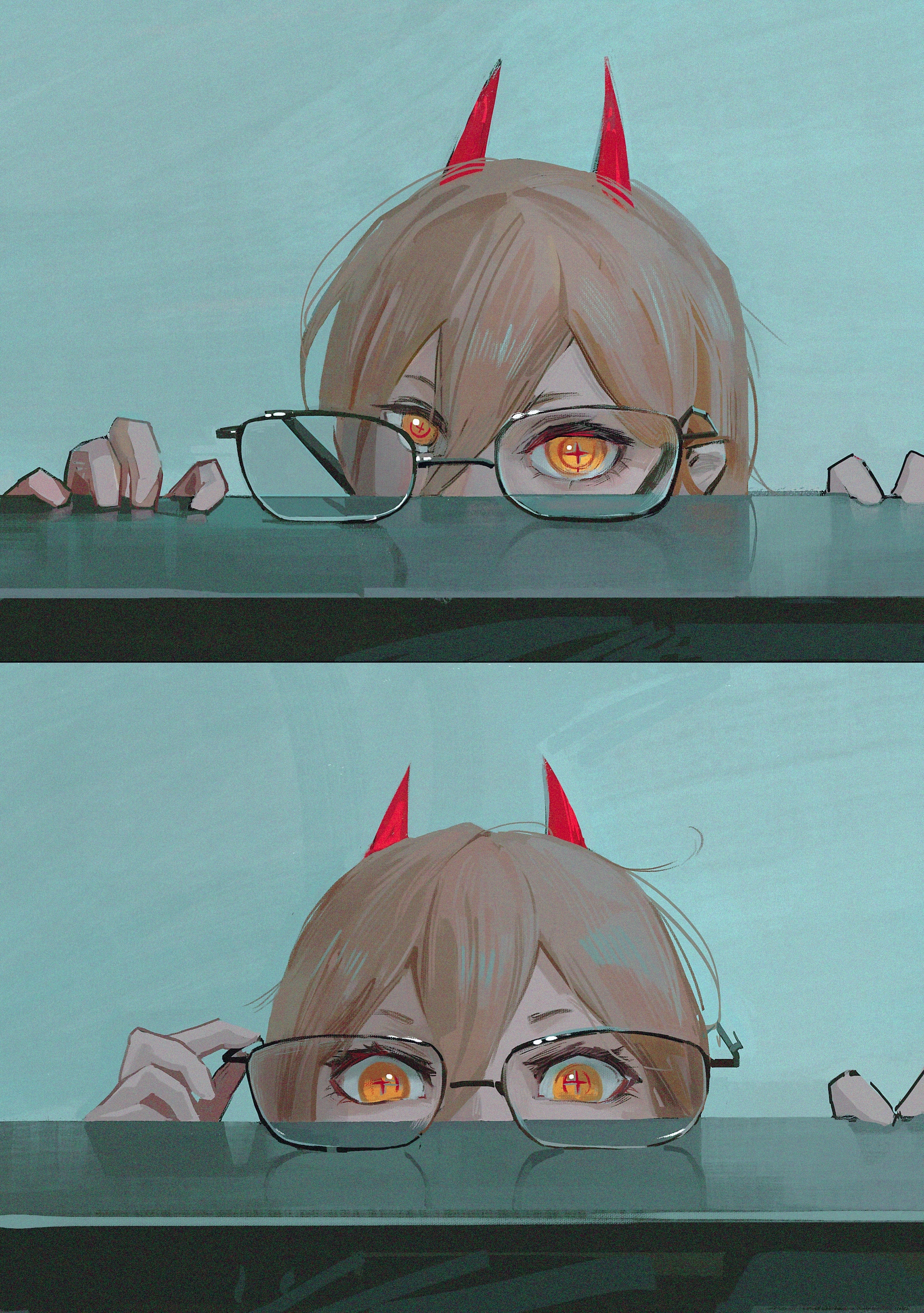 power (chainsaw man), chainsaw man, absurdres, chinese commentary, commentary request, highres, 1girl, blonde hair, cross-shaped pupils, demon horns, eyelashes, glasses, hair between eyes, horns, limit932, long hair, looking at viewer, red horns, solo, symbol-shaped pupils, unworn eyewear, yellow eyes