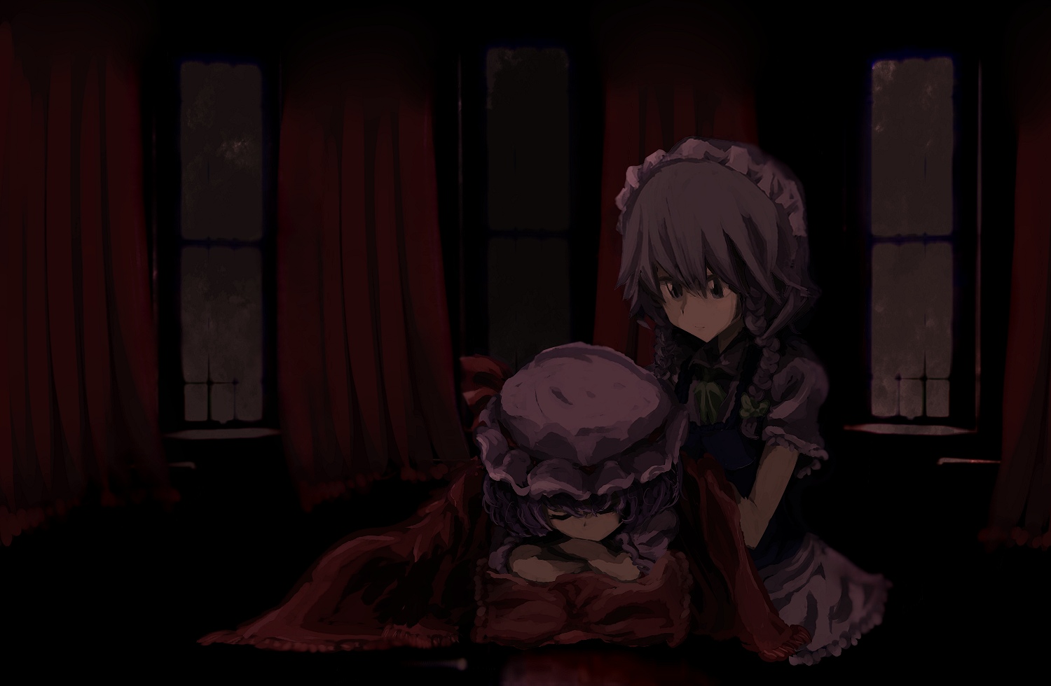 yoshioka yoshiko, izayoi sakuya, remilia scarlet, touhou, silver hair, 2girls, braid, dark, female focus, hair ribbon, hat, indoors, maid, mob cap, multiple girls, pink hat, ribbon, short hair, twin braids, window