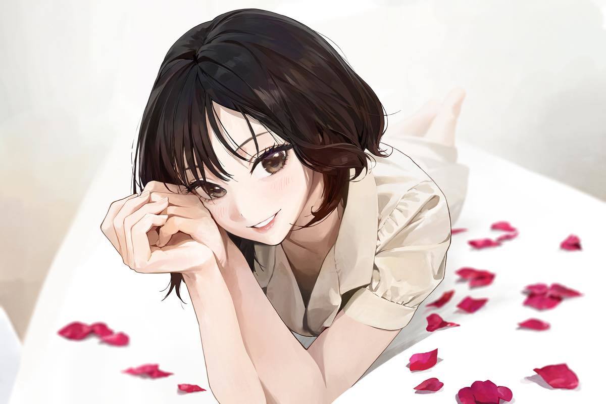 fukada eimi, modare, real life, 1girl, brown eyes, brown hair, open mouth, petals, pink lips, rose petals, shirt, short hair, smile, solo, yellow shirt