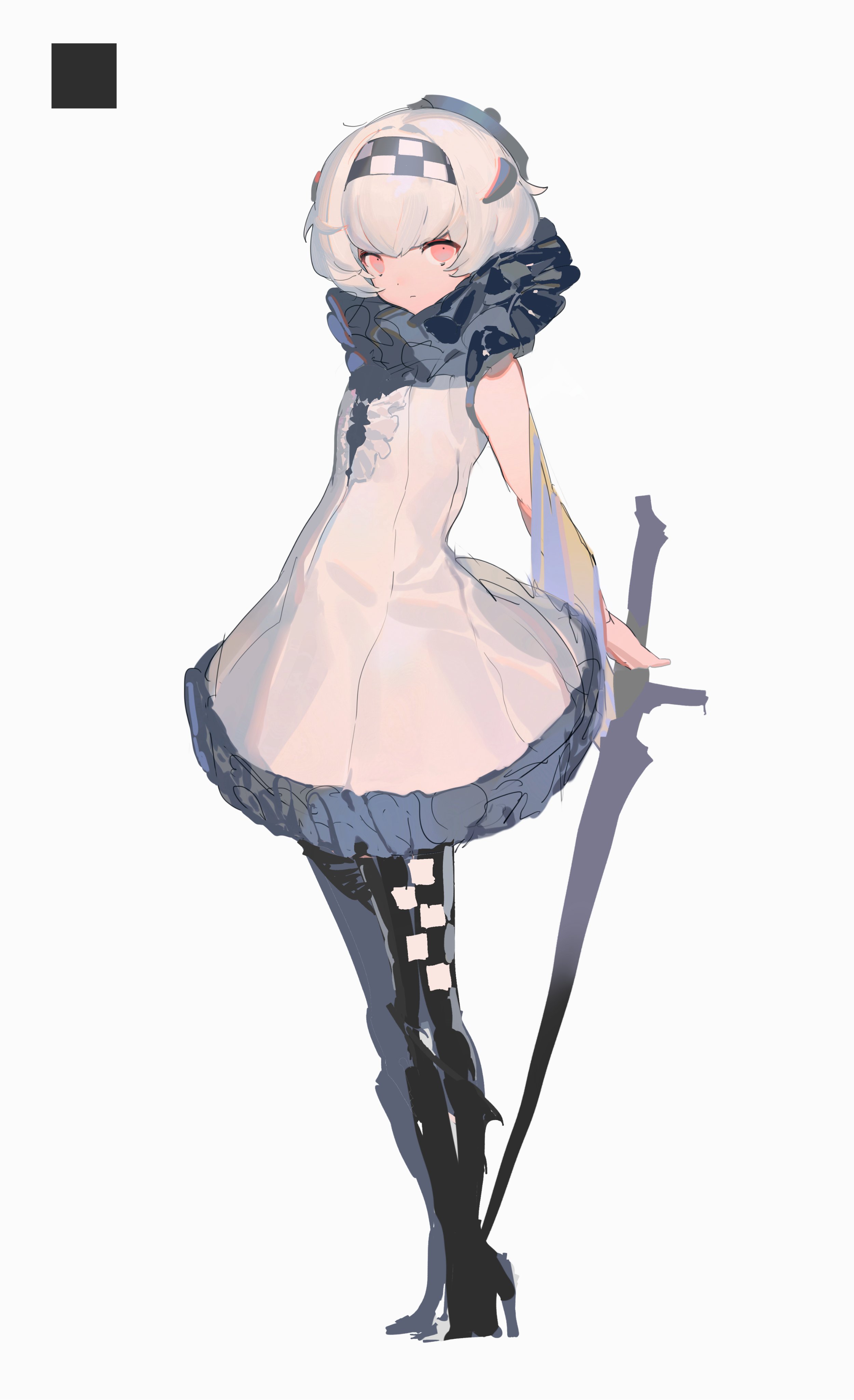 original, absurdres, commentary, english commentary, highres, 1girl, 4deung, black boots, black hairband, board game, boots, center frills, checkered hairband, chess, chess piece, dress, expressionless, frilled dress, frills, full body, hairband, holding, holding weapon, looking at viewer, neck ruff, pawn (chess), personification, red eyes, short hair, simple background, sketch, sleeveless, sleeveless dress, solo, standing, sword, thigh boots, weapon, white background, white dress, white hair, white hairband