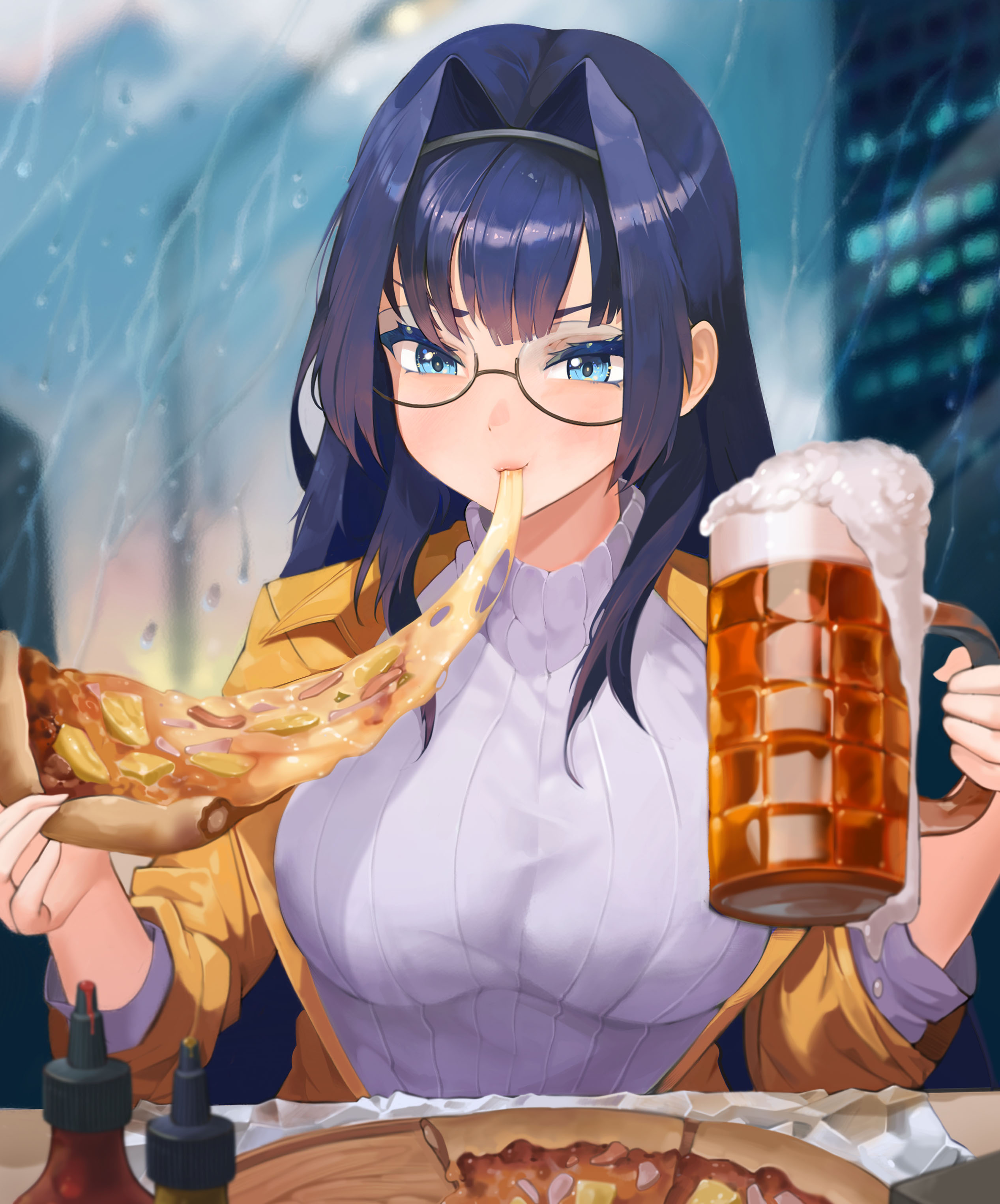 aries991, ouro kronii, ouro kronii (casual), hololive, hololive english, absurdres, highres, 1girl, alcohol, beer, beer mug, black hair, blue eyes, bottle, breasts, coat, cup, eating, food, glasses, hair intakes, holding, holding cup, holding food, holding pizza, large breasts, long hair, mug, official alternate costume, official alternate hairstyle, pizza, pizza slice, ribbed sweater, solo, sweater, turtleneck, turtleneck sweater, virtual youtuber, white sweater, window, yellow coat