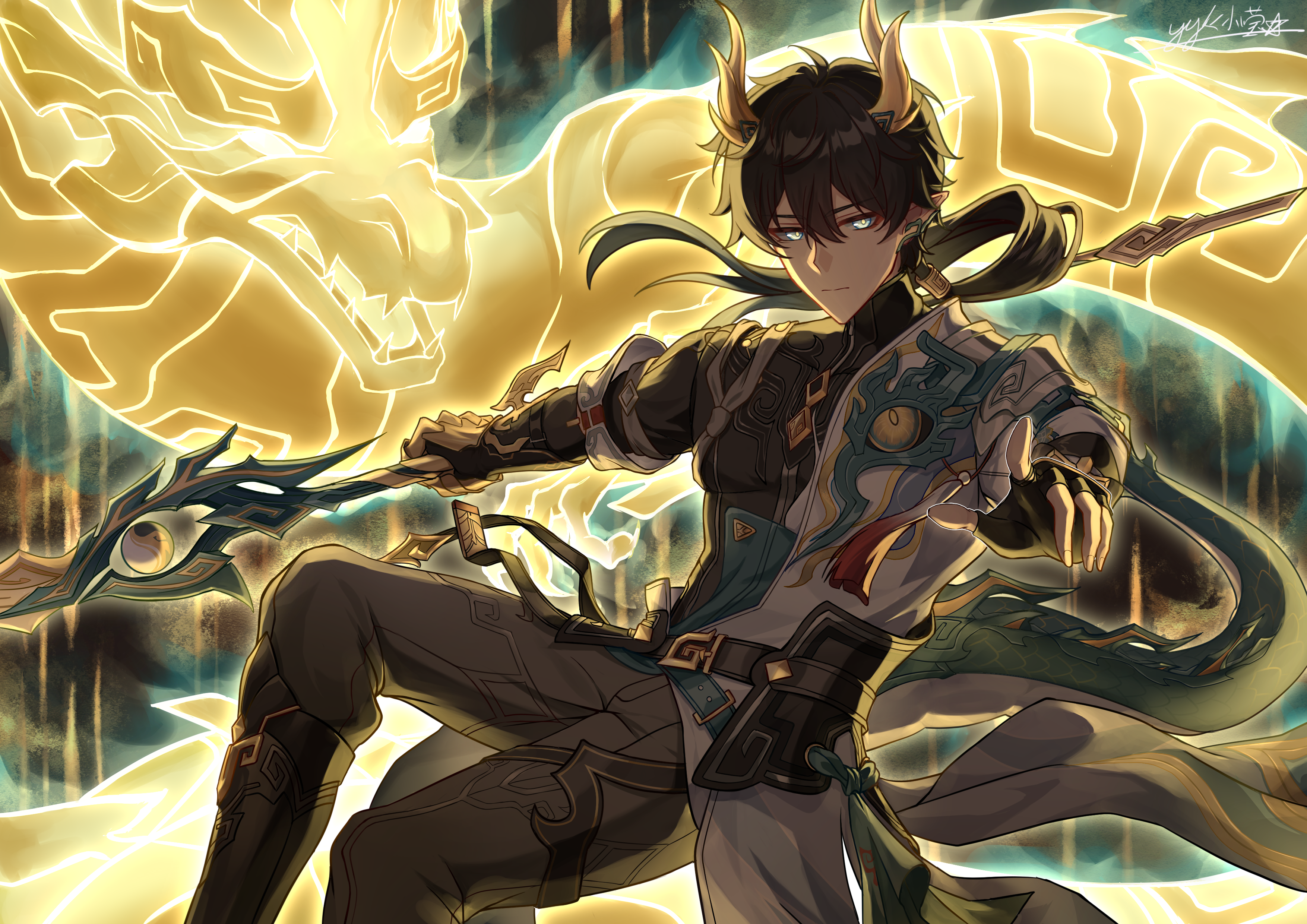 yyk9489, dan heng (honkai: star rail), dan heng (permansor terrae) (honkai: star rail), honkai: star rail, honkai (series), absurdres, commentary, highres, symbol-only commentary, 1boy, black gloves, black hair, black shirt, closed mouth, dragon, dragon boy, dragon horns, dragon tail, eastern dragon, expressionless, eyeliner, feet out of frame, fingerless gloves, floating hair, gloves, hair between eyes, holding, holding polearm, holding weapon, horns, long hair, long sleeves, looking at viewer, makeup, male focus, pants, pointing, pointing at viewer, polearm, ponytail, red eyeliner, shirt, signature, solo, spear, tail, weapon, yellow horns