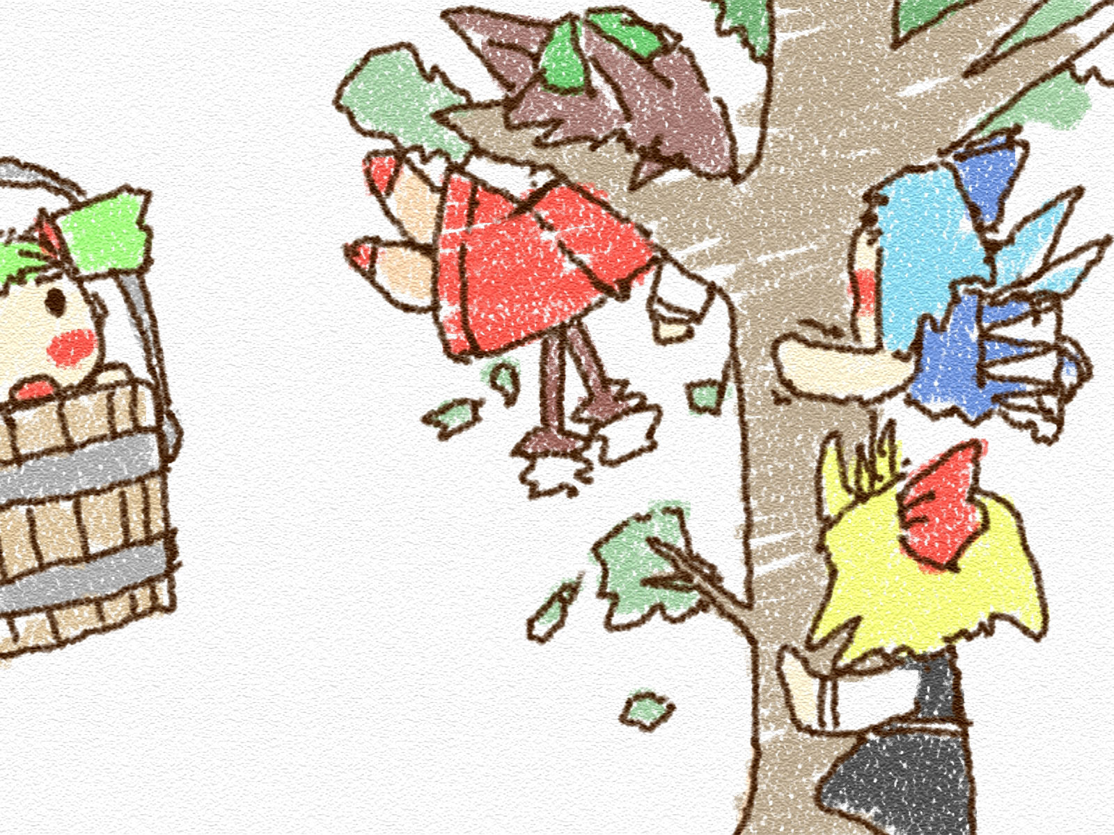 yosudon, chen, cirno, kisume, rumia, touhou, bad id, bad pixiv id, highres, 4girls, animal ears, blonde hair, blue hair, brown hair, bucket, cat ears, cat girl, cat tail, chibi, climbing, female focus, green hair, hat, in bucket, in container, in tree, multiple girls, red eyes, short hair, tail, team 9 (touhou), tree, wings