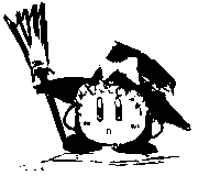 yoshioka yoshiko, kirby, kirisame marisa, kirby (series), nintendo, touhou, lowres, broom, full body, greyscale, hat, monochrome, no humans, parody, solo, white background, witch, witch hat