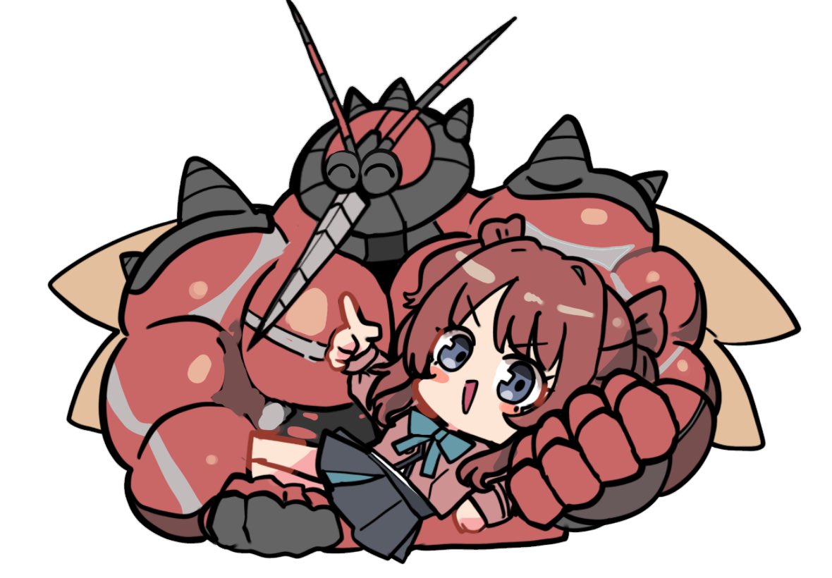 kawamochi (kawauti919), buzzwole, hanami saki, gakuen idolmaster, idolmaster, nintendo, pokemon, commentary request, 1girl, :>, barefoot, black skirt, blazer, blue bow, blush stickers, bow, brown hair, carrying, carrying person, chibi, cropped torso, crossover, gen 7 pokemon, grey eyes, jacket, long sleeves, looking at viewer, parted lips, pink jacket, pleated skirt, pointing, pokemon (creature), puffy long sleeves, puffy sleeves, school uniform, simple background, skirt, smile, triangle mouth, two side up, ultra beast, v-shaped eyebrows, white background