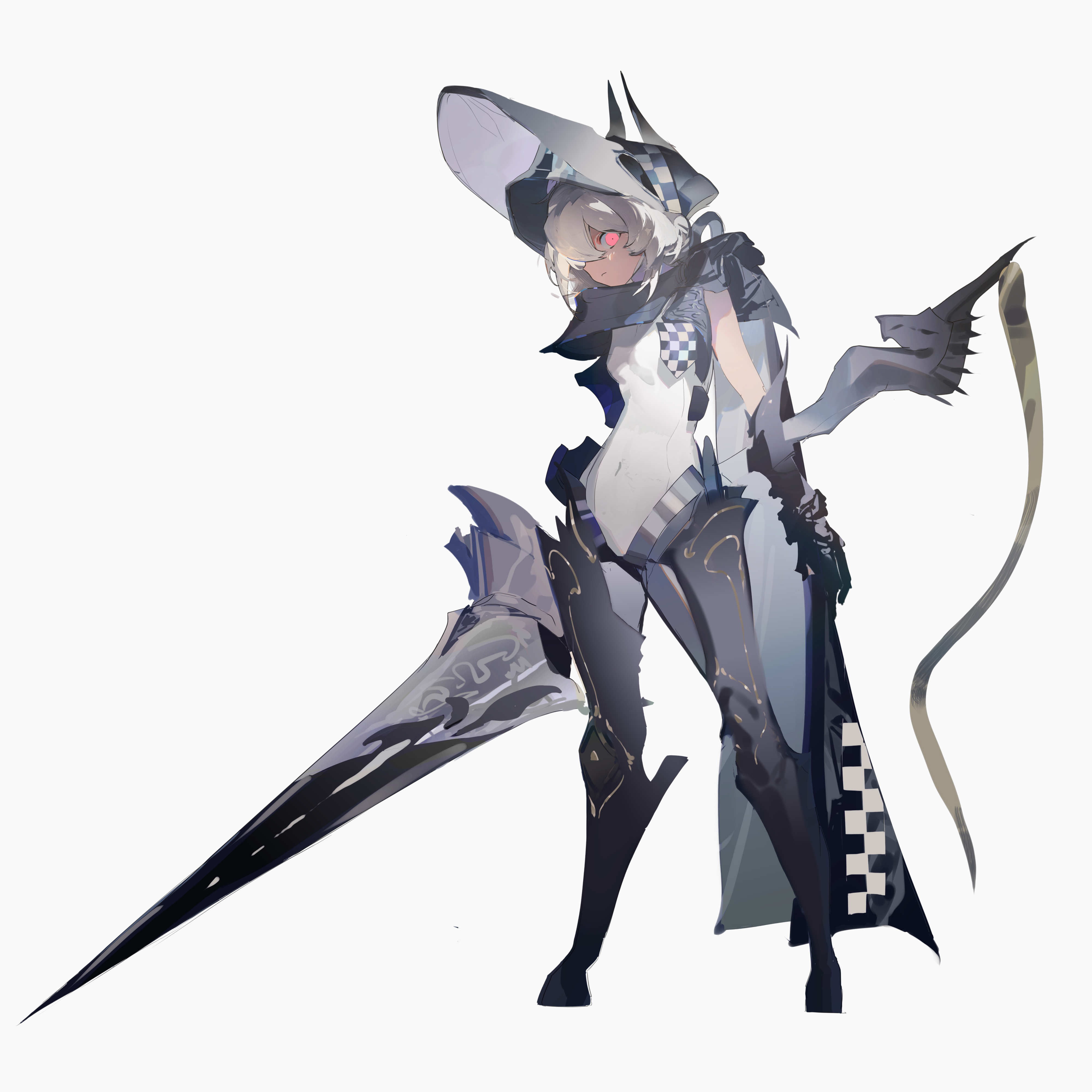 original, absurdres, commentary, english commentary, highres, 1girl, 4deung, black boots, black cape, blonde hair, board game, boots, cape, chess, chess piece, expressionless, glowing, glowing eyes, helmet, holding, holding weapon, horns, knight (chess), leotard, looking at viewer, personification, polearm, red eyes, simple background, solo, thigh boots, weapon, white background, white hair, white leotard
