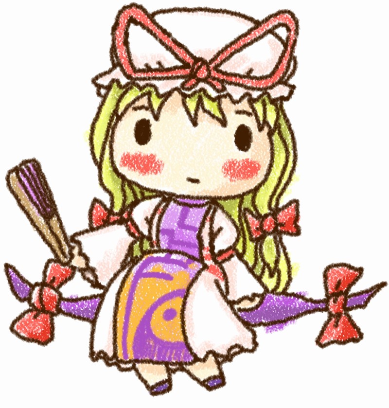 yosudon, yakumo yukari, touhou, 1girl, blonde hair, chibi, female focus, folded fan, folding fan, gap (touhou), hair ribbon, hand fan, hat, long hair, ribbon, solo