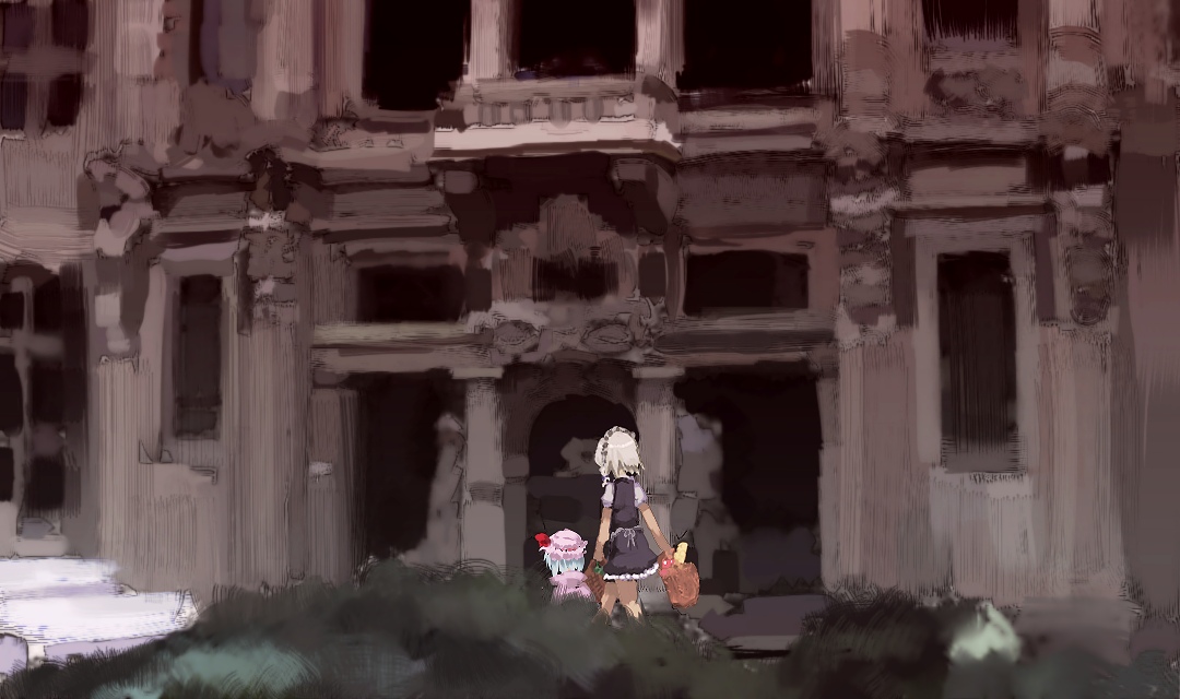yoshioka yoshiko, izayoi sakuya, remilia scarlet, touhou, silver hair, 2girls, blue hair, dress, female focus, groceries, hat, maid, mob cap, multiple girls, nature, outdoors, pink hat, plant, short hair