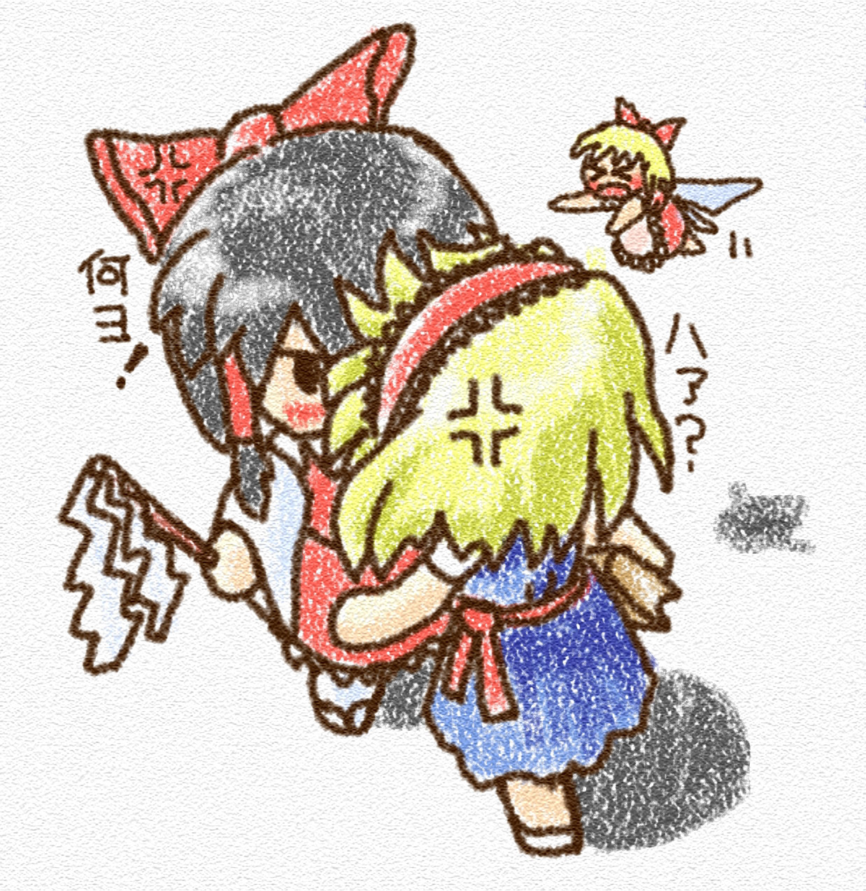 yosudon, alice margatroid, hakurei reimu, hourai doll, shanghai doll, touhou, bad id, bad pixiv id, highres, > <, 2girls, anger vein, angry, battle, black hair, blonde hair, book, chibi, closed eyes, doll, female focus, gohei, hairband, japanese clothes, miko, multiple girls, short hair