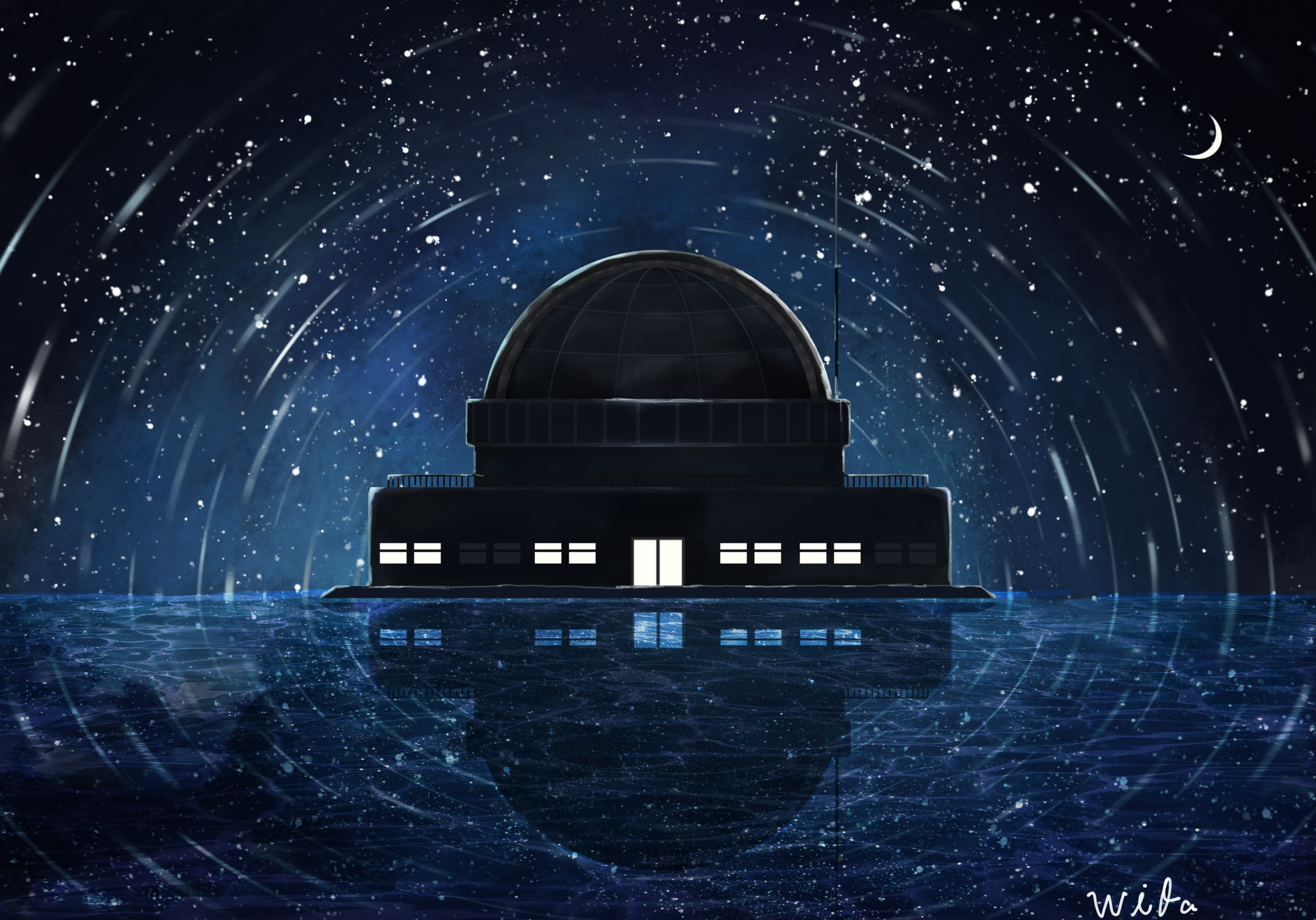 hanm rabi, original, commentary request, highres, building, crescent moon, moon, night, night sky, no humans, observatory, ocean, reflection, reflective water, scenery, sky, star (sky), starry sky