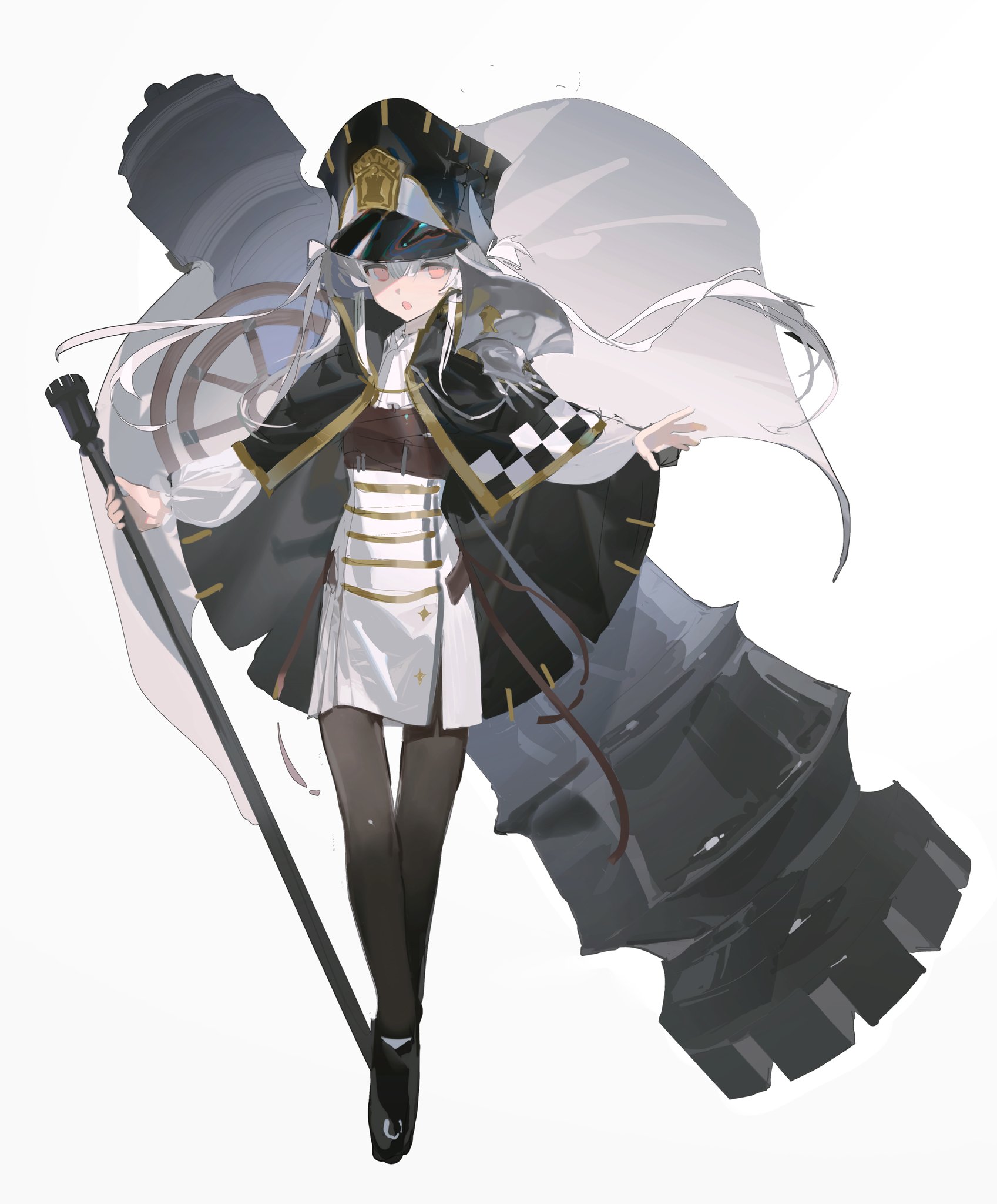 original, commentary, english commentary, highres, 1girl, 4deung, :o, black cape, black hat, board game, cane, cannon, cape, chess, chess piece, dress, full body, gold trim, hat, high collar, holding, holding cane, long hair, looking at viewer, peaked cap, personification, rook (chess), simple background, sketch, solo, standing, tall hat, white background, white dress, white hair