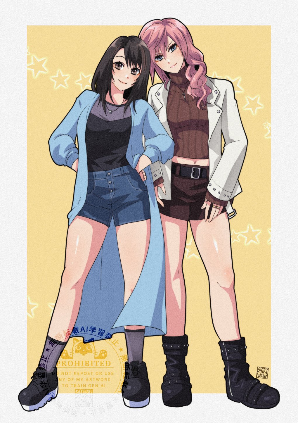 shikiwo, lightning farron, rinoa heartilly, dissidia final fantasy, final fantasy, final fantasy viii, final fantasy xiii, highres, 2girls, belt, belt buckle, black belt, black boots, black hair, black shirt, black shoes, black shorts, blue coat, blue eyes, blue shorts, boots, border, brown eyes, brown hair, brown sweater, buckle, closed mouth, coat, denim, denim shorts, dissidia duellum final fantasy, full body, grey socks, hair between eyes, hair over shoulder, hands on own hips, jacket, jewelry, light smile, long coat, long hair, looking at viewer, midriff, multicolored hair, multiple girls, multiple rings, navel, necklace, official alternate costume, pink hair, ring, ring necklace, shirt, shoes, shorts, signature, smile, socks, standing, straight hair, streaked hair, sweater, turtleneck, turtleneck sweater, wavy hair, white border, white jacket, yellow background