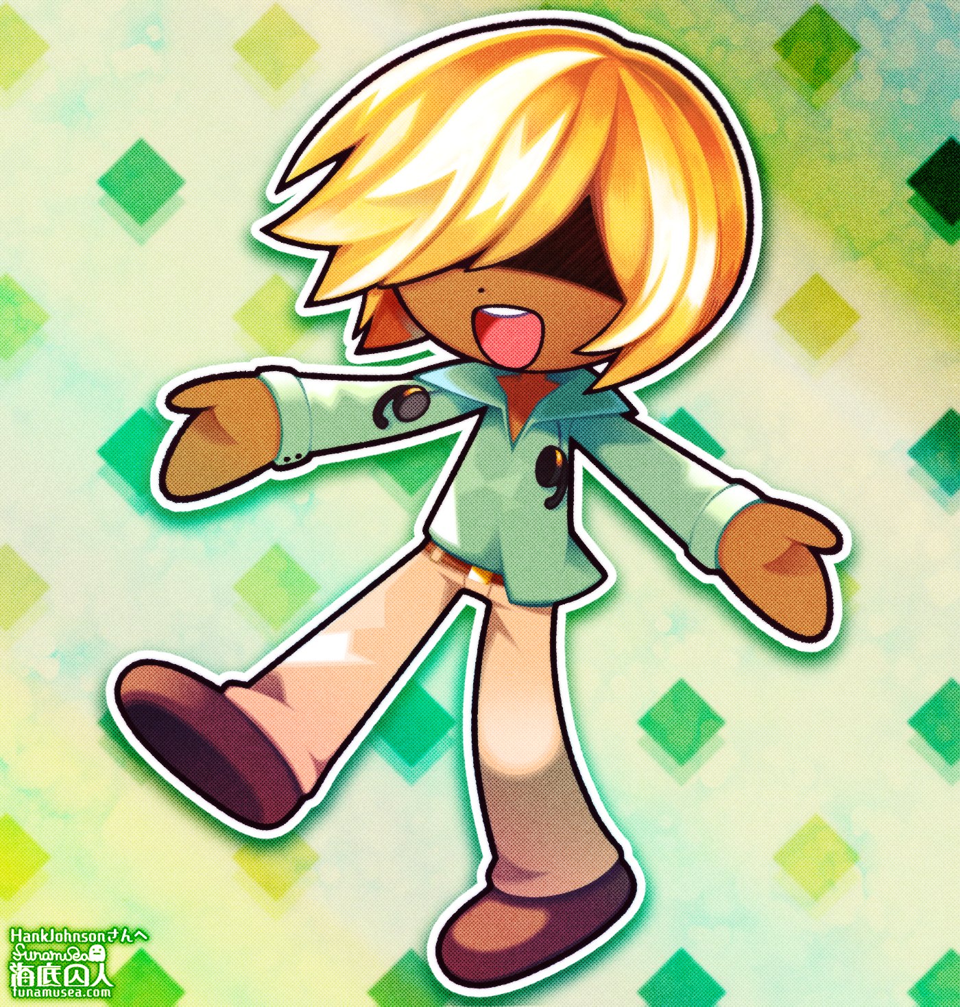 funamusea (artist), mikhael (omori), omori, commentary, commission, english commentary, highres, second-party source, vgen commission, 1boy, argyle background, artist logo, belt, blonde hair, brown belt, brown pants, brown shoes, chibi, chibi only, collared jacket, commissioner name, dark-skinned male, dark skin, dot nose, film grain, green background, green jacket, jacket, logo, male focus, open mouth, outline, outstretched arms, pants, patterned background, shaded face, shoes, short hair, solo, spread arms, teeth, upper teeth only, white outline