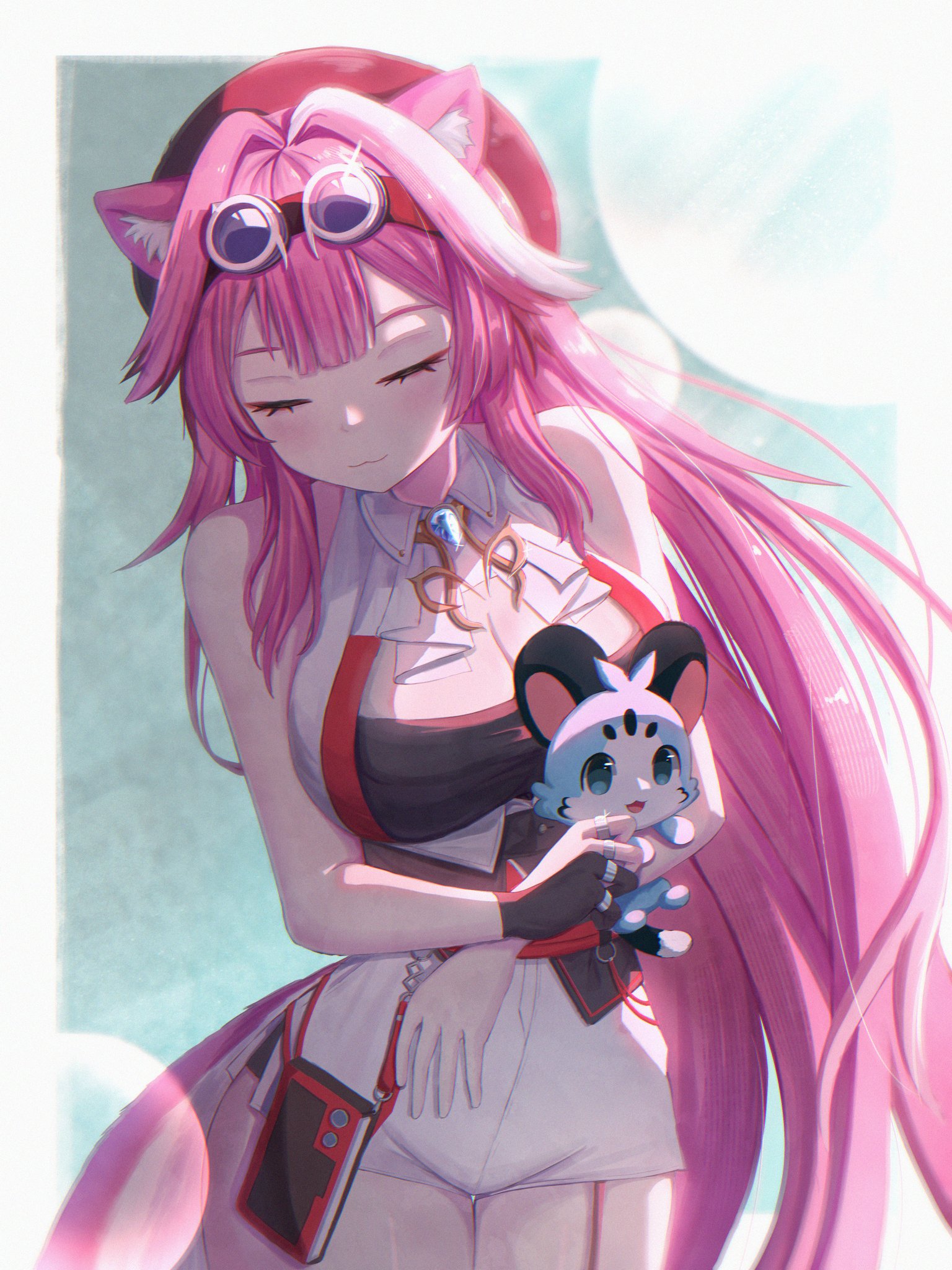 chattino (raora panthera), raora panthera, raora panthera (1st costume), hololive, hololive english, commentary, hashtag-only commentary, highres, 1girl, animal ears, ascot, bare shoulders, beret, black gloves, black hat, blue background, blue gemstone, blush, breasts, cleavage, closed eyes, closed mouth, collared shirt, eyeshadow, garter straps, gem, glint, gloves, goggles, goggles on head, hair intakes, half gloves, hat, high-waist shorts, jewelry, large breasts, light smile, long hair, makeup, multicolored hair, multiple rings, panther ears, panther girl, panther tail, pink hair, pink tail, red eyeshadow, ring, shirt, shorts, single garter strap, single glove, single half glove, sleeveless, sleeveless shirt, tail, thighs, two-tone hair, underbust, uwagiru, virtual youtuber, white ascot, white shirt, white shorts