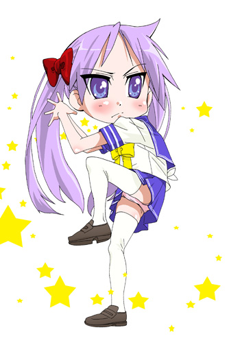 hide (bonsaitei), hiiragi kagami, lucky star, bad id, bad pixiv id, lowres, 00s, baseball, blue eyes, long hair, panties, pantyshot, pitching, purple hair, ribbon, school uniform, serafuku, solo, star (symbol), thighhighs, twintails, underwear