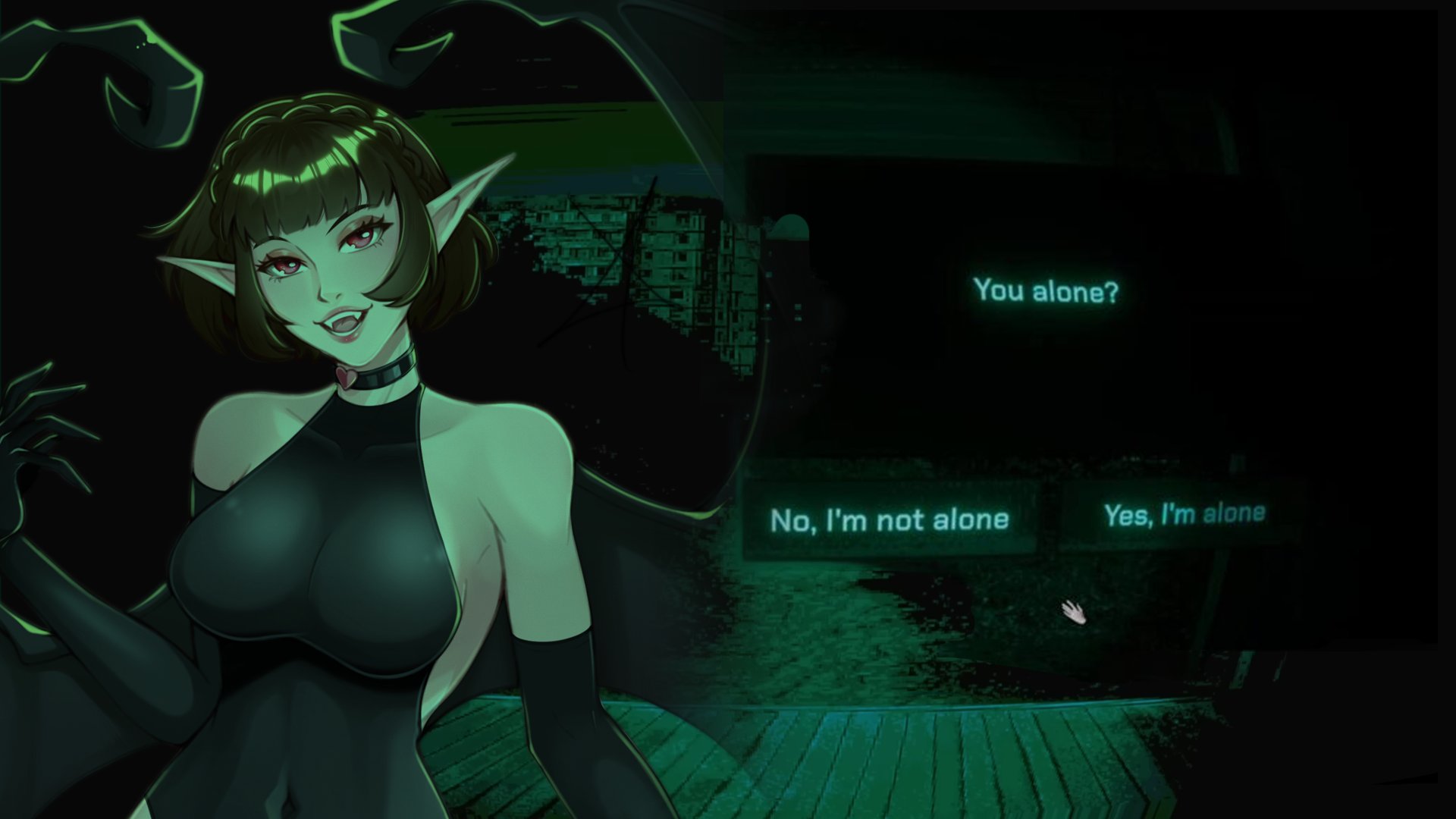 red draws5, niijima makoto, succubus (megami tensei), no i'm not a human, persona, persona 5, highres, 1girl, backless leotard, bat wings, black gloves, breasts, cosplay, dialogue box, elbow gloves, game screenshot background, gloves, large breasts, leotard, night vision, open mouth, pointy ears, pov peephole, red eyes, screenshot background, short hair, solo, succubus (megami tensei) (cosplay), upper body, wings, wooden porch