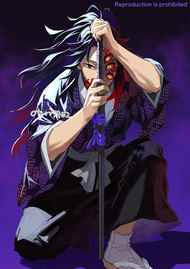 indesign, kokushibou, tsugikuni michikatsu, kimetsu no yaiba, 1boy, black hair, black hakama, colored sclera, extra eyes, gradient background, hakama, holding, holding sword, holding weapon, japanese clothes, katana, kimono, looking at viewer, male focus, multicolored hair, neck tattoo, purple background, purple kimono, red eyes, red hair, red sclera, red tattoo, shadow, socks, solo, sword, tattoo, two-tone hair, weapon, white socks, yellow eyes