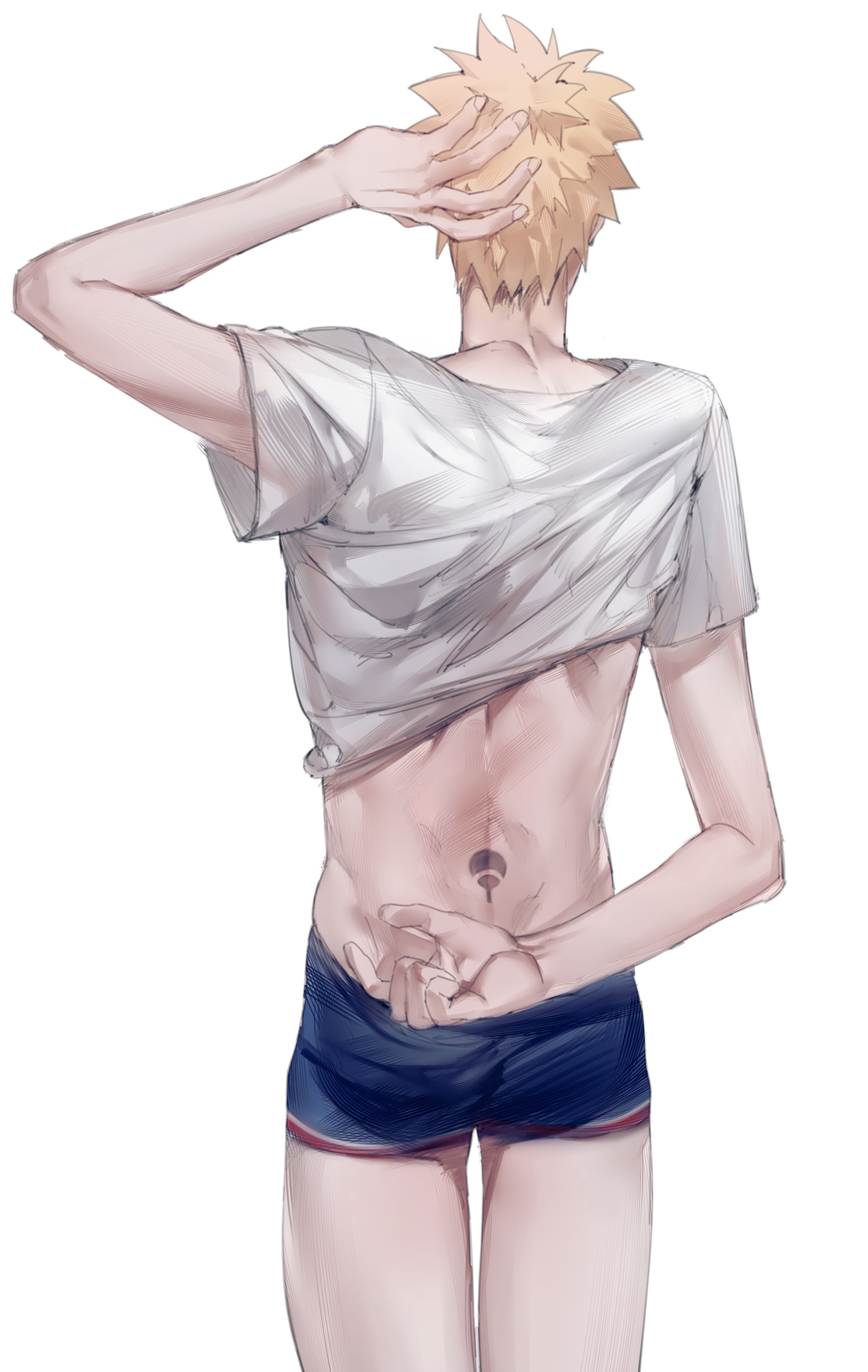 uzumaki naruto, naruto (series), absurdres, highres, 1boy, back tattoo, blonde hair, blue male underwear, from behind, hand on own head, male focus, male underwear, nobodyelseknow, shirt, short hair, simple background, solo, tattoo, thigh gap, thighs, uchiha symbol, uchiha symbol tattoo, underwear, white background, white shirt