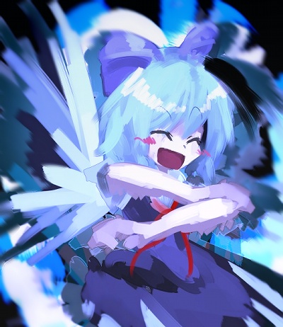 yoshioka yoshiko, cirno, embodiment of scarlet devil, touhou, lowres, 1girl, blue hair, circled 9, dress, female focus, hair ribbon, ribbon, short hair, smile, solo, wings