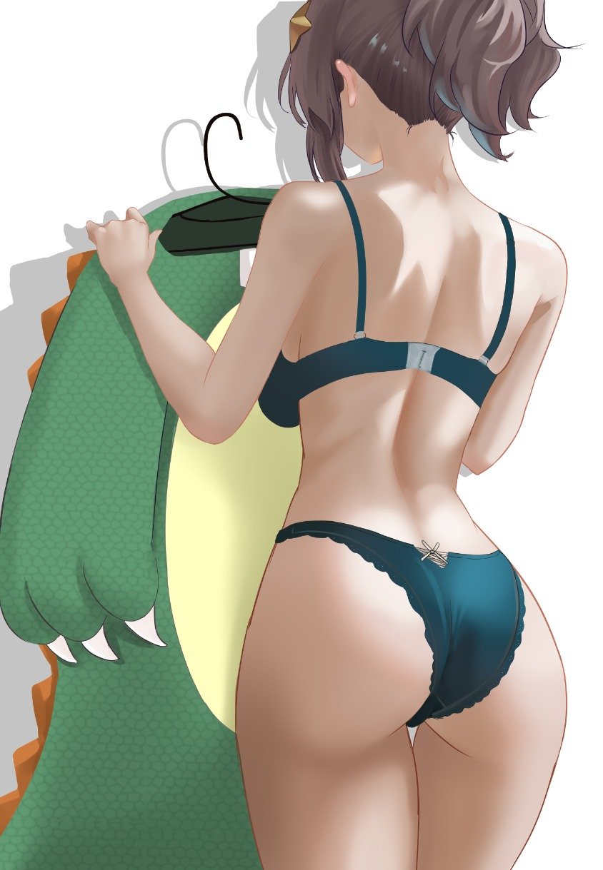 esteban (estebaneishon), meica (vtuber), indie virtual youtuber, commentary, english commentary, highres, 1girl, ass, blue bra, blue panties, bra, clothes hanger, dinosaur costume, grey hair, panties, ponytail, solo, underwear, virtual youtuber, white background