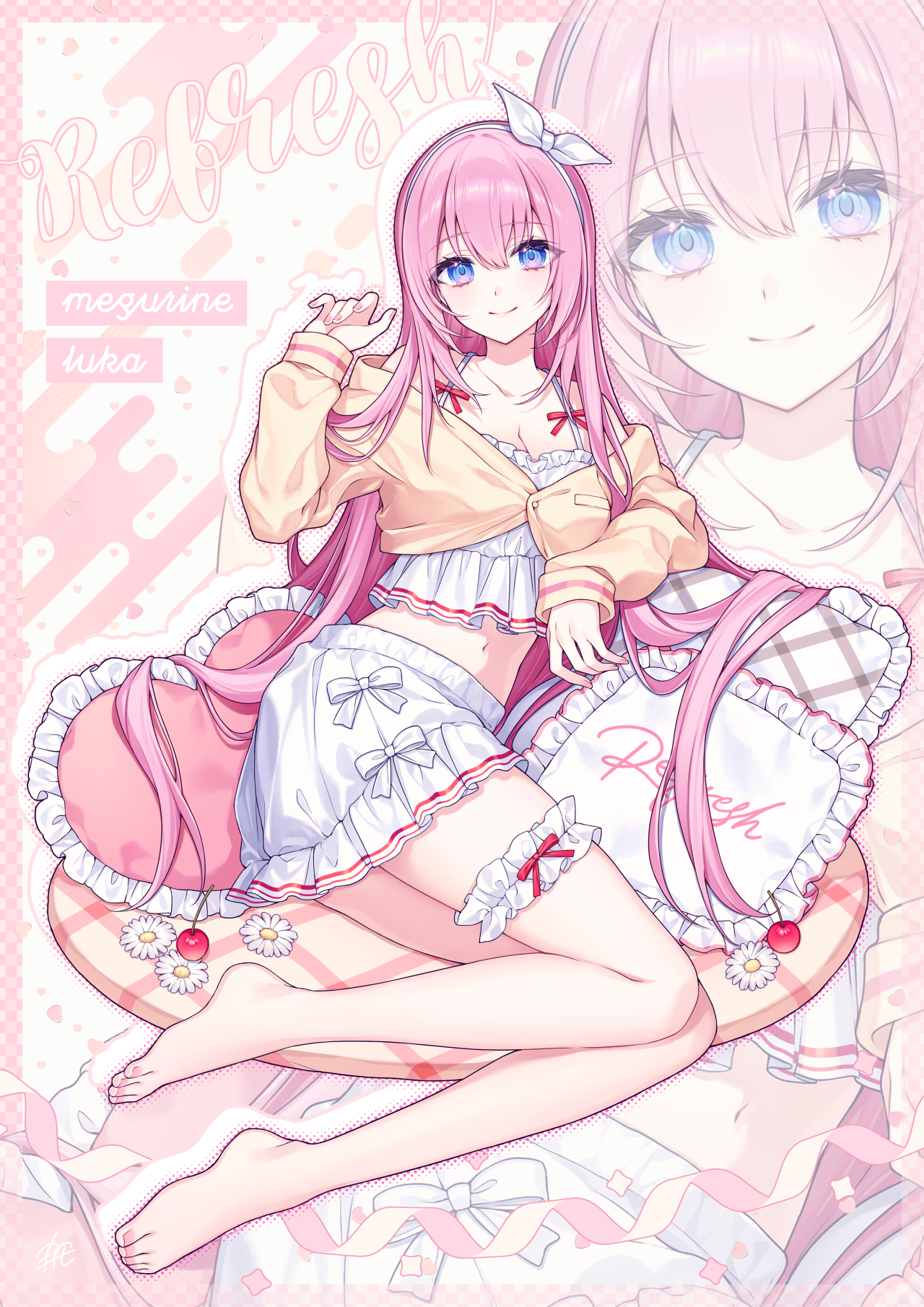 karokuchitose, megurine luka, vocaloid, commentary, highres, symbol-only commentary, 1girl, bare shoulders, barefoot, blue eyes, blush, bow, bow hairband, breasts, camisole, cardigan, character name, cherry, cleavage, closed mouth, collarbone, crop top, elbow rest, feet, flower, food, frilled camisole, frilled shirt, frilled skirt, frilled thigh strap, frills, fruit, full body, hair between eyes, hairband, hand up, heart, heart-shaped pillow, legs, long hair, long sleeves, looking at viewer, medium breasts, midriff, miniskirt, navel, open cardigan, open clothes, pillow, pink hair, shirt, sitting, skirt, sleeves past wrists, smile, solo, thigh strap, white bow, white camisole, white flower, white hairband, white shirt, white skirt, yellow cardigan, yokozuwari