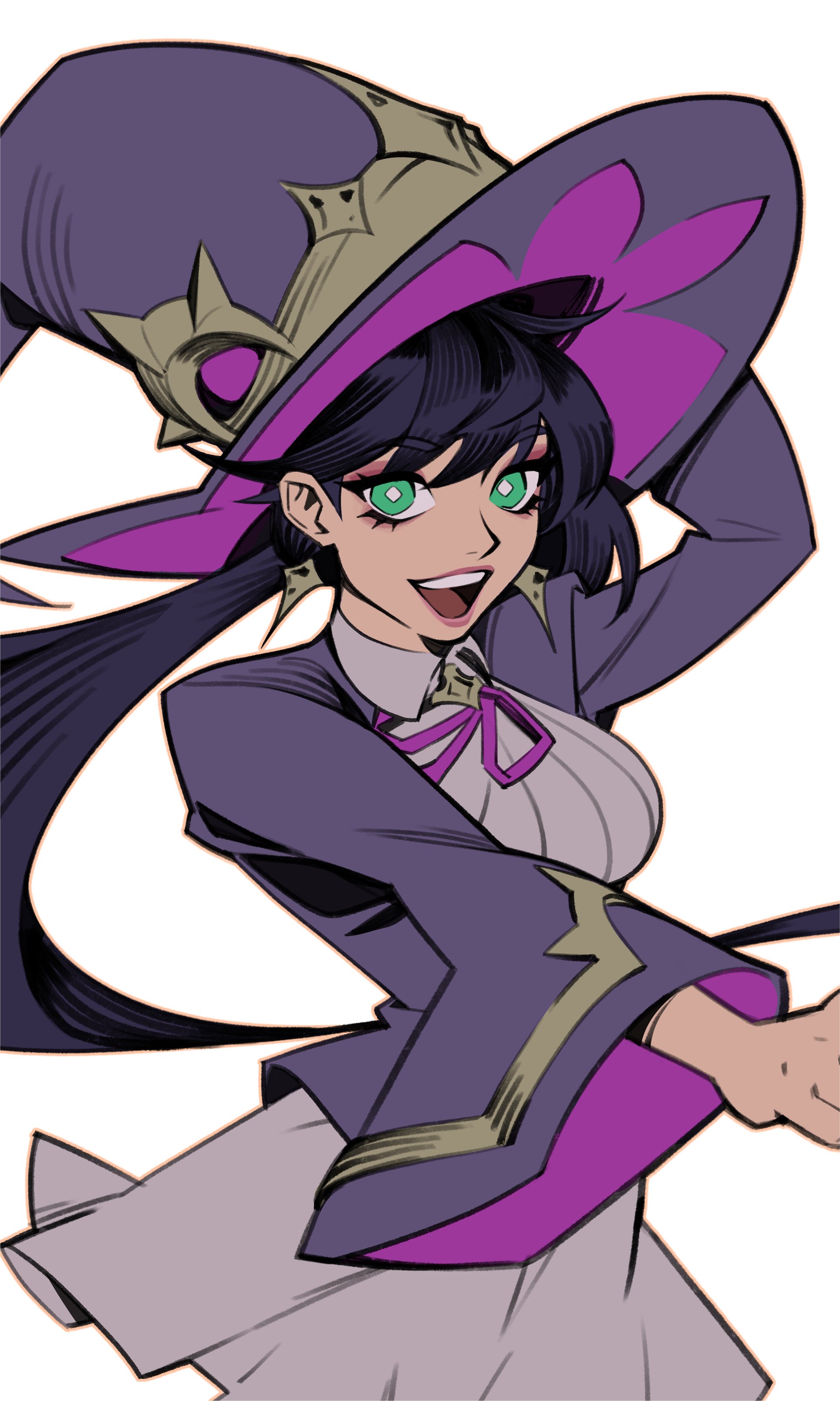 brandon vuong, helsie (fortnite), fortnite, absurdres, commentary, english commentary, highres, 1girl, :d, arm up, black hair, bright pupils, collared dress, dress, earrings, eyeshadow, floating earrings, green eyes, hat, jacket, jewelry, long hair, long sleeves, looking at viewer, low ponytail, makeup, neck ribbon, open mouth, outline, outstretched arms, pink eyeshadow, ponytail, purple hat, purple jacket, purple ribbon, ribbon, simple background, smile, solo, white background, white dress, white pupils, wide sleeves, wing collar, witch, witch hat, yellow outline