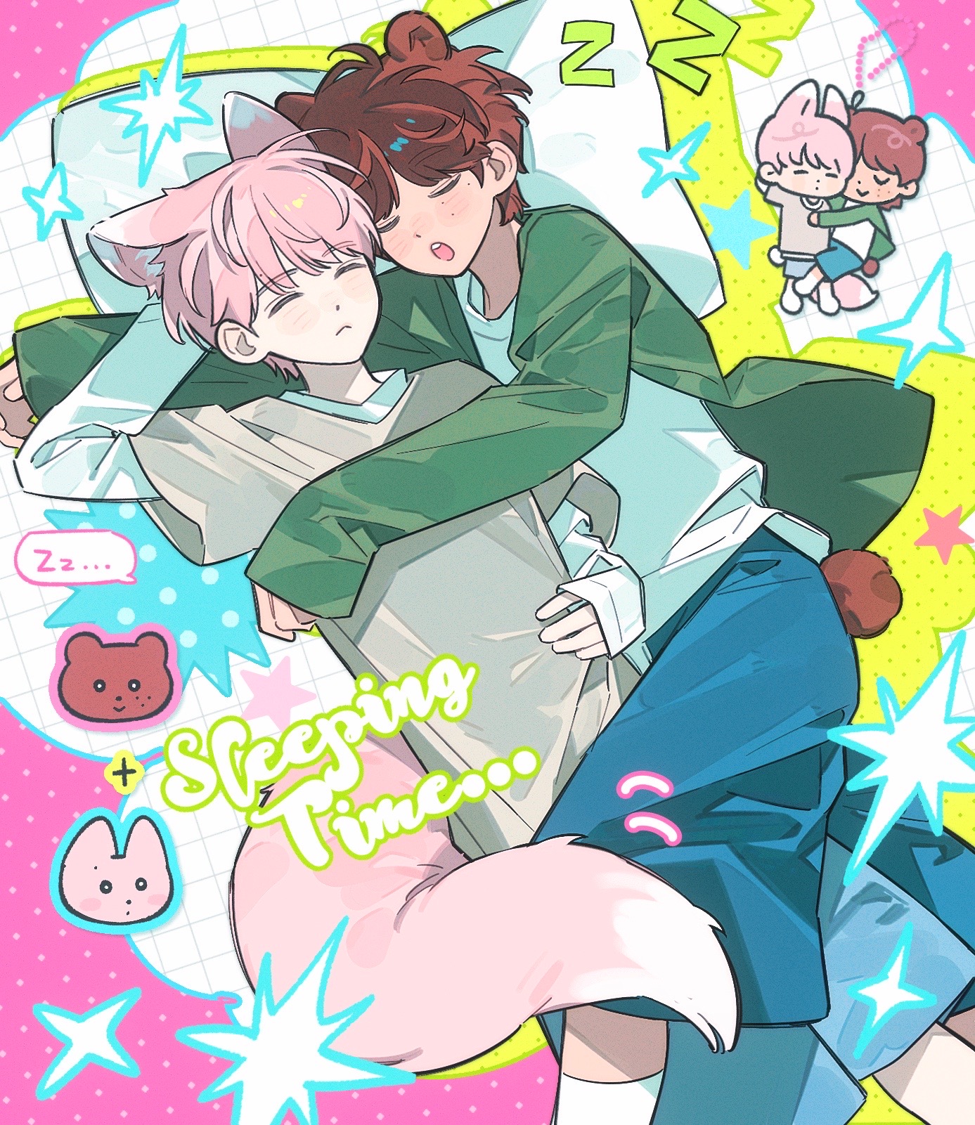 original, highres, 2boys, animal ears, bear boy, bear ears, bear tail, blush, brown hair, chibi, chibi inset, closed eyes, closed mouth, english text, evodtonaeco, fox boy, fox ears, fox tail, hug, long sleeves, male focus, multiple boys, open mouth, pillow, pink hair, shirt, short hair, shorts, sleeping, sleeves past wrists, socks, tail, yaoi, zzz