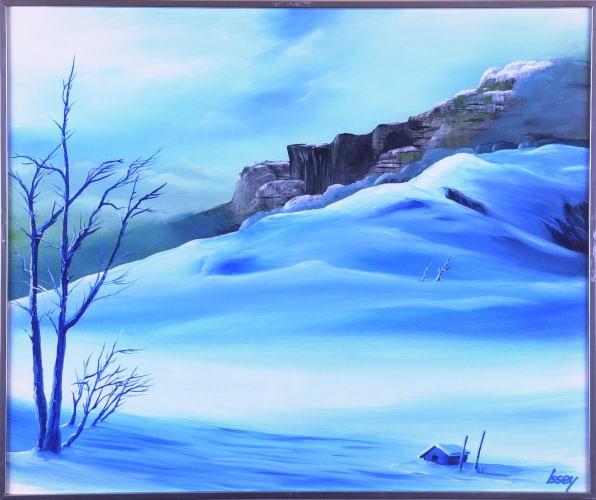 gangcun weisheng, original, acrylic paint (medium), commentary request, painting (medium), traditional media, alaska, bare tree, border, landscape, mountain, no humans, shack, snow, tree