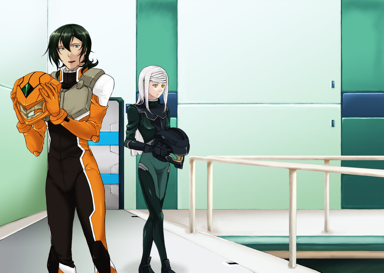 higi (rodriguez), allelujah haptism, marie parfacy, soma peries, gundam, gundam 00, pilot suit, bad id, bad pixiv id, 00s, 1boy, 1girl, bandages, bodysuit, couple, green hair, helmet, hetero, heterochromia, white hair, yellow eyes