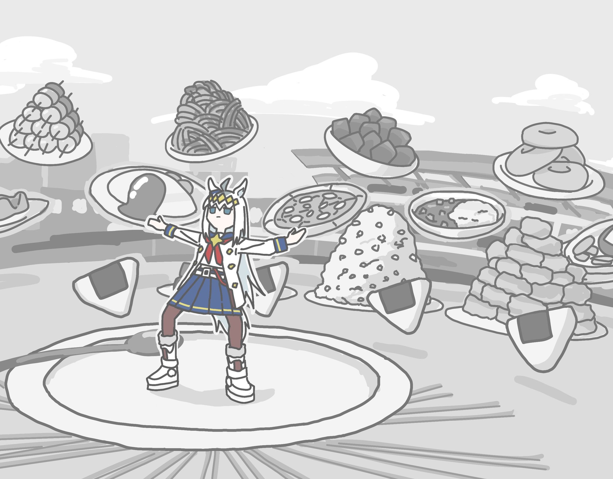 oguri cap (starlight beat) (umamusume), oguri cap (umamusume), umamusume, umamusume: cinderella gray, highres, 1girl, ahoge, animal ears, blue eyes, bow, ear bow, ear covers, ear ornament, glutton, grey hair, grey tail, hair between eyes, hair ornament, hairband, horse ears, horse girl, horse tail, long hair, long sleeves, multicolored hair, niceguy 809, sailor collar, sailor shirt, school uniform, shirt, skirt, solo, tail
