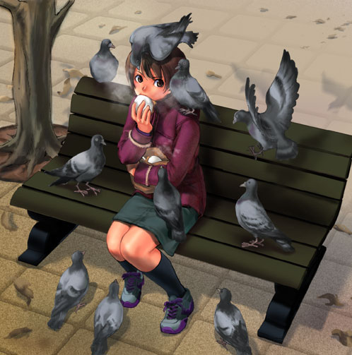 non-web source, 1girl, animal, animal on head, animal on shoulder, bench, bird, bird on head, bird on shoulder, breath, brown eyes, brown hair, coat, dumpling, eating, female focus, food, from above, on head, pigeon, short hair, sitting, skirt, solo, tree