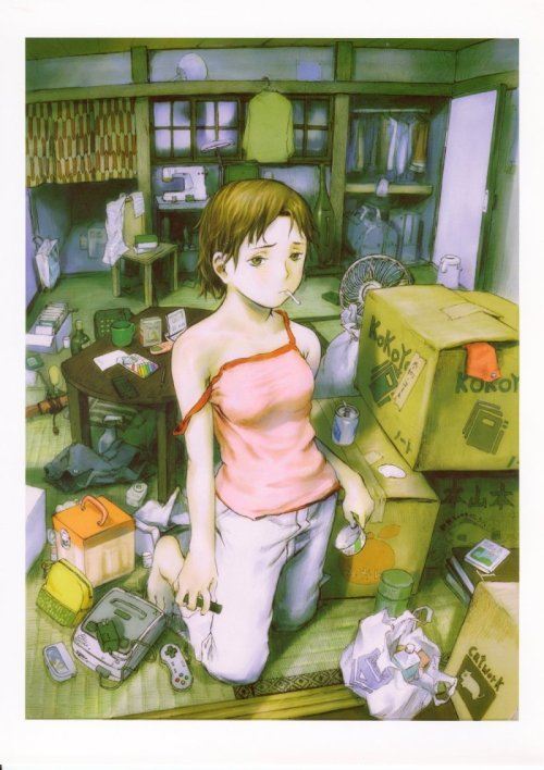 abe yoshitoshi, super famicom, non-web source, 1girl, bare shoulders, box, brown eyes, brown hair, cardboard box, cigarette, cup, female focus, game console, kneeling, mug, short hair, solo, strap slip, table, tatami