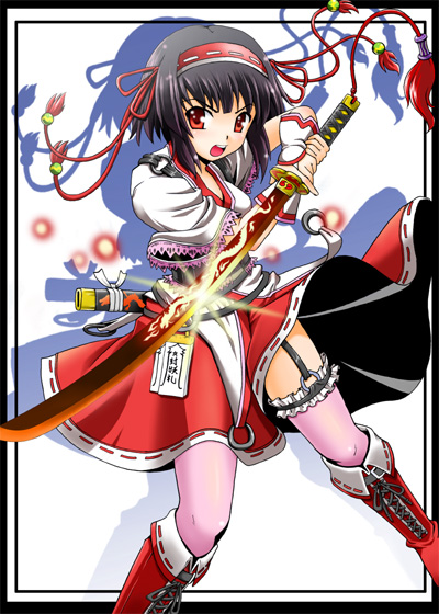 fujishima shinnosuke, original, bad id, bad pixiv id, 1girl, adapted uniform, black hair, boots, female focus, frilled thighhighs, frills, garter belt, garter straps, hairband, japanese clothes, katana, knee boots, lace-up boots, miko, nontraditional miko, ofuda, open mouth, pink thighhighs, red boots, red eyes, ribbon-trimmed clothes, ribbon trim, short hair, solo, sword, thighhighs, weapon