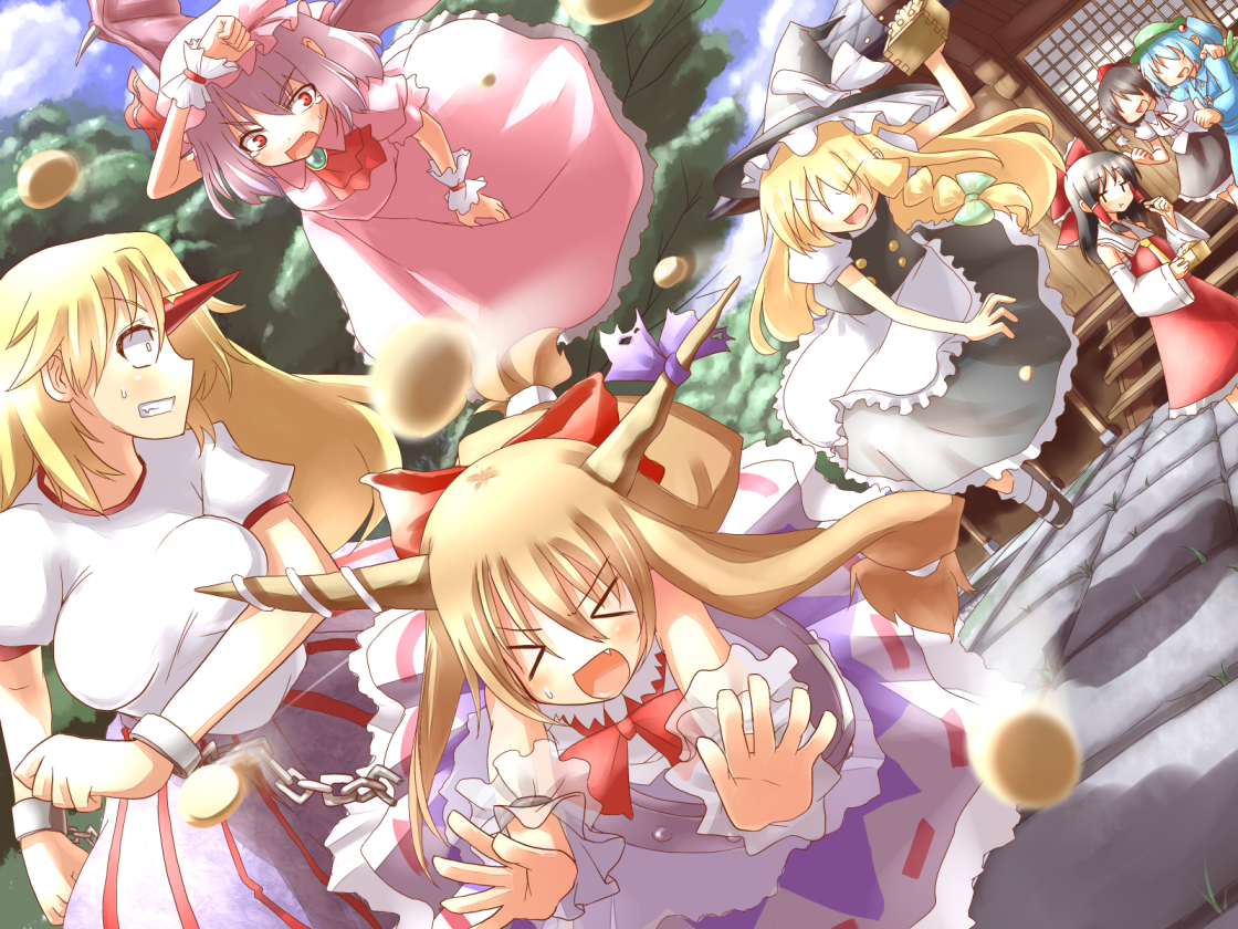 hiraga matsuri, hirasato, hakurei reimu, hoshiguma yuugi, ibuki suika, kawashiro nitori, remilia scarlet, shameimaru aya, touhou, > <, 6+girls, black hair, blonde hair, blue hair, closed eyes, female focus, hair ribbon, horns, mamemaki, masu, multiple girls, oni, ribbon, setsubun, shrine, single horn, star (symbol), tears