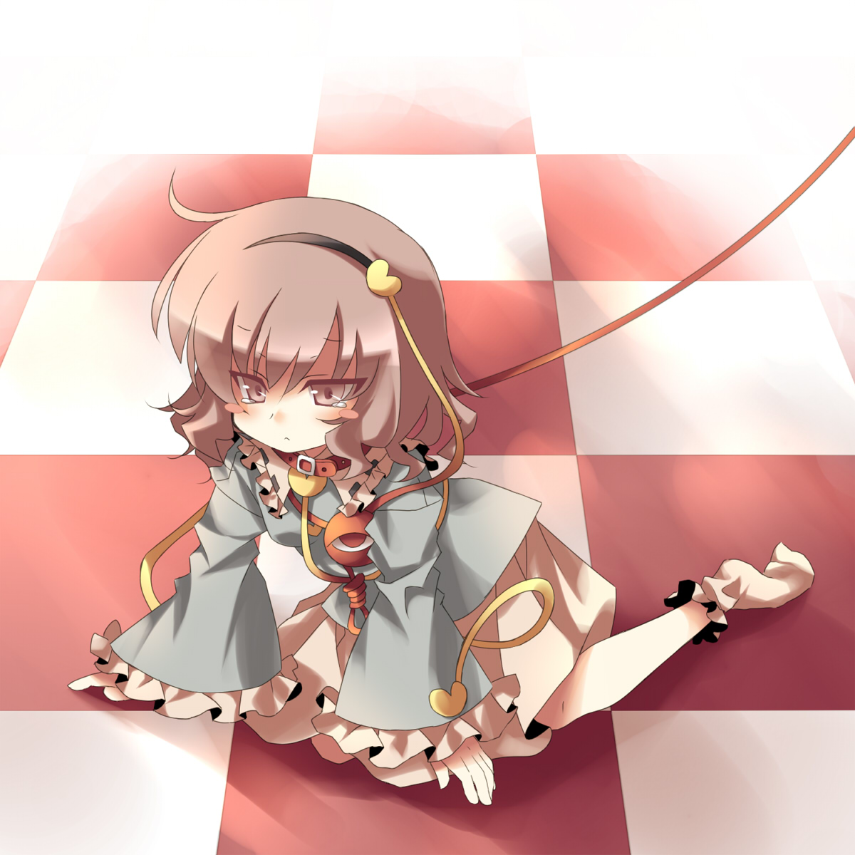 anju (meipurusanchi), anju (pixiv), komeiji satori, touhou, bad id, bad pixiv id, highres, 1girl, blush stickers, checkered floor, collar, female focus, floor, hairband, heart, leash, perspective, pink eyes, pink hair, socks, solo, tears