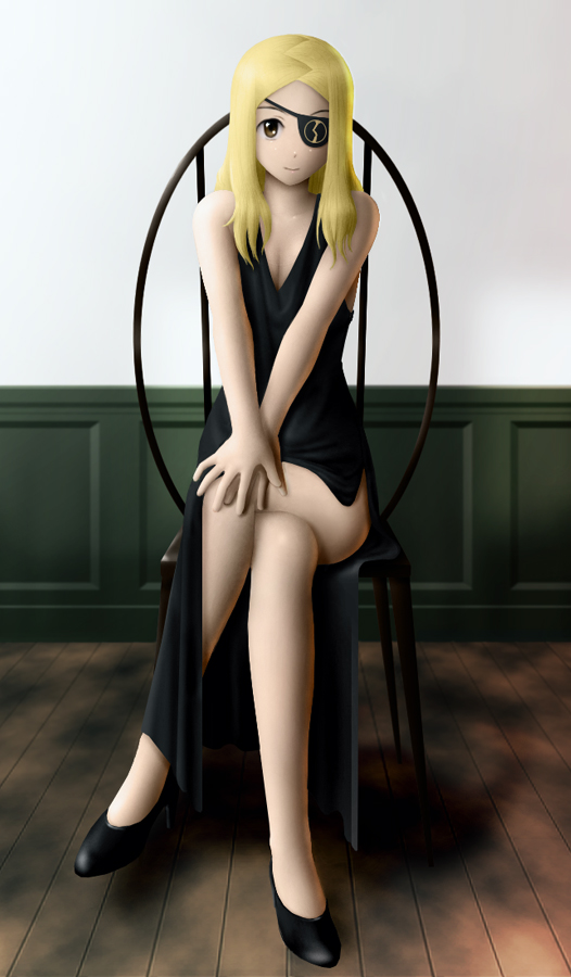 siraha, marie mjolnir, soul eater, bad id, bad pixiv id, 00s, 1girl, bare shoulders, black dress, blonde hair, brown eyes, chair, crossed legs, dress, eyepatch, female focus, full body, side slit, sitting, smile, solo, v arms, wooden floor
