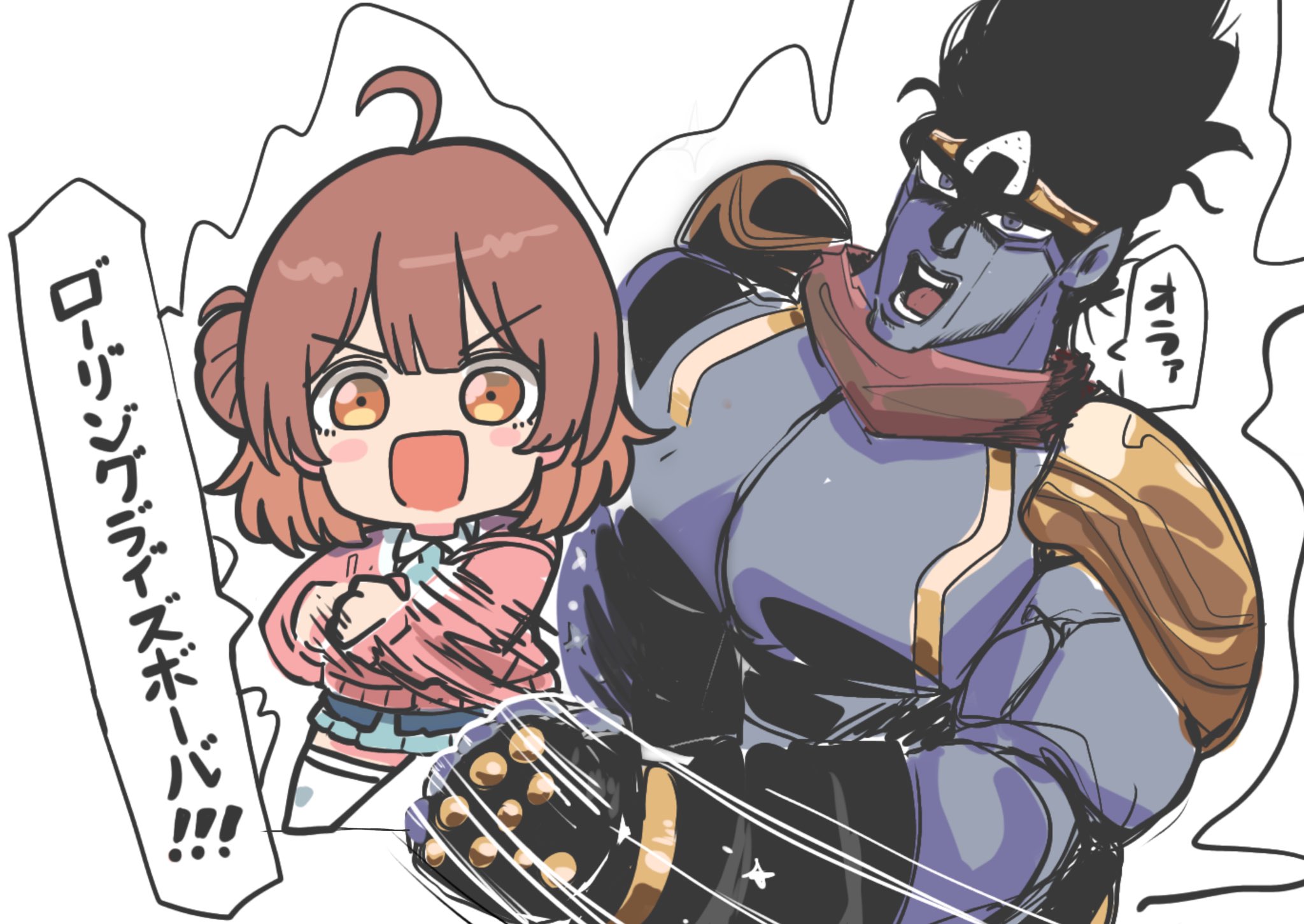 kawamochi (kawauti919), hanami ume, star platinum, gakuen idolmaster, idolmaster, jojo no kimyou na bouken, stardust crusaders, character request, check character, commentary request, highres, translation request, 1boy, 1girl, :d, ahoge, black hair, blue necktie, blue skirt, brown eyes, brown hair, chibi, clenched hands, collared shirt, colored skin, crossover, food, grey skin, hair bun, motion lines, necktie, onigiri, open mouth, pink sweater, pleated skirt, shirt, simple background, single side bun, skirt, smile, speed lines, stand (jojo), standing, sweater, thighhighs, v-shaped eyebrows, white background, white shirt, white thighhighs