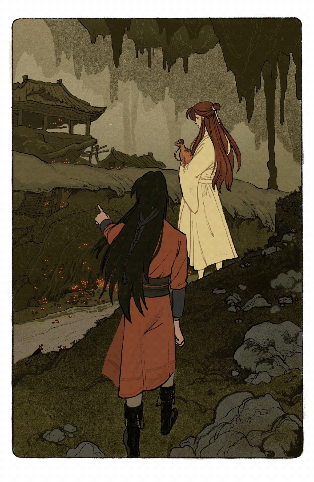 yaroslava murashko, hua cheng, xie lian, tianguan cifu, highres, official art, 2boys, animal, belt, black belt, black boots, black hair, boots, border, braid, brown eyes, brown hair, chinese clothes, from behind, full body, glowing, glowing eyes, hair bun, hair ribbon, half updo, hanfu, holding, holding jar, jar, long hair, long sleeves, male focus, mouse (animal), multiple boys, nature, outdoors, pointing, red hanfu, ribbon, river, rock, rounded corners, ruins, single braid, single hair bun, stalactite, underground, water, white border, white hanfu, white ribbon