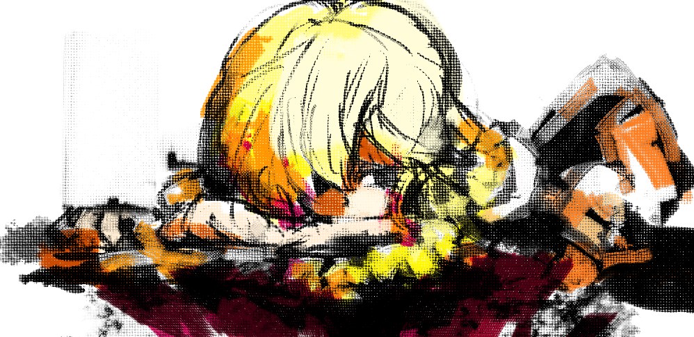 yoshioka yoshiko, kirisame marisa, touhou, 1girl, blonde hair, female focus, hat, solo, white background, witch, witch hat