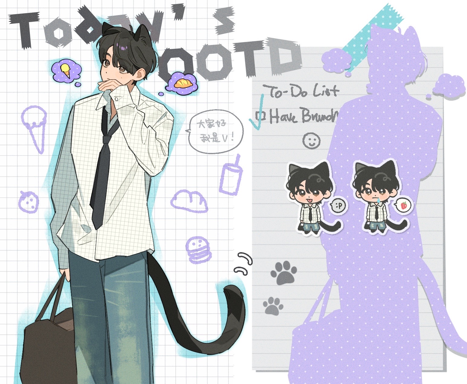 original, highres, 1boy, animal ears, bag, black eyes, black hair, black necktie, cat boy, cat ears, cat tail, chibi, chibi inset, collared shirt, denim, evodtonaeco, heart, holding, holding bag, jeans, long sleeves, male focus, multiple views, necktie, pants, shirt, short hair, smile, speech bubble, spoken heart, tail, white shirt
