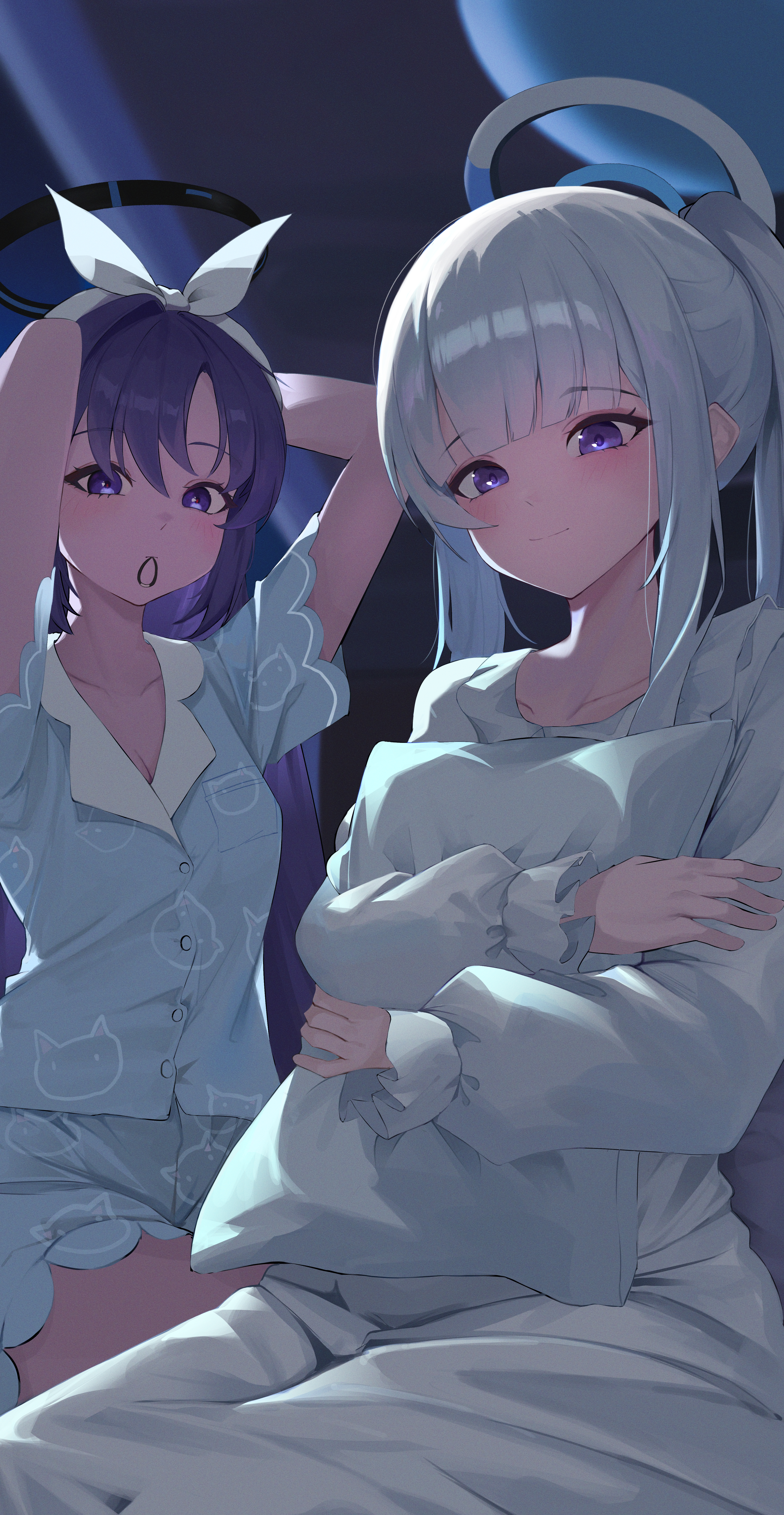 sirong e, noa (blue archive), noa (pajamas) (blue archive), yuuka (blue archive), yuuka (pajamas) (blue archive), blue archive, absurdres, commentary request, highres, 2girls, animal print, arms up, blue pajamas, blunt bangs, blush, breasts, cat print, cleavage, collarbone, film grain, grey hair, grey pajamas, hair tie, hair tie in mouth, halo, holding, holding pillow, hugging object, light smile, long hair, long sidelocks, long sleeves, looking at viewer, mechanical halo, mouth hold, multiple girls, pajamas, pillow, ponytail, print pajamas, purple eyes, purple hair, short sleeves, sidelocks, tying hair