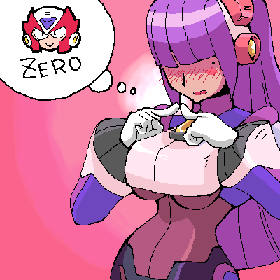 banchosu, layer (mega man), zero (mega man), capcom, mega man (series), mega man x (series), bad id, bad pixiv id, lowres, 1boy, 1girl, blush, breasts, dark skin, gloves, hair over eyes, large breasts, long hair, mole, mole under eye, oekaki, purple hair, thinking, underboob