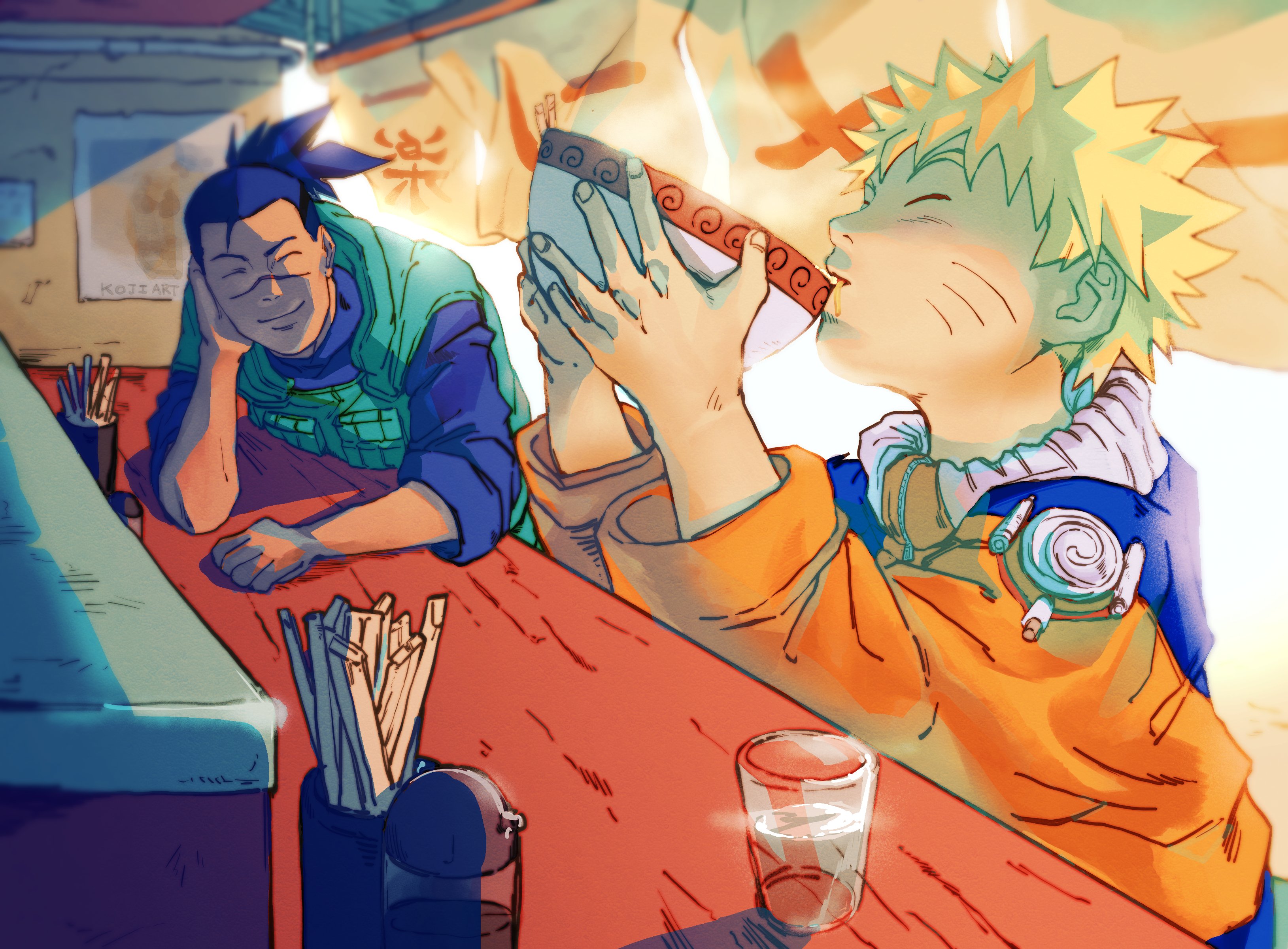 kouji08250, umino iruka, uzumaki naruto, naruto (classic), naruto (series), absurdres, highres, 2boys, blonde hair, bowl, brown hair, chopsticks, closed eyes, cup, eating, facial mark, food in mouth, hand on own cheek, hand on own face, holding, holding bowl, jacket, leaning on table, multiple boys, orange jacket, ponytail, scar, scar on face, scar on nose, vest, whisker markings, zipper