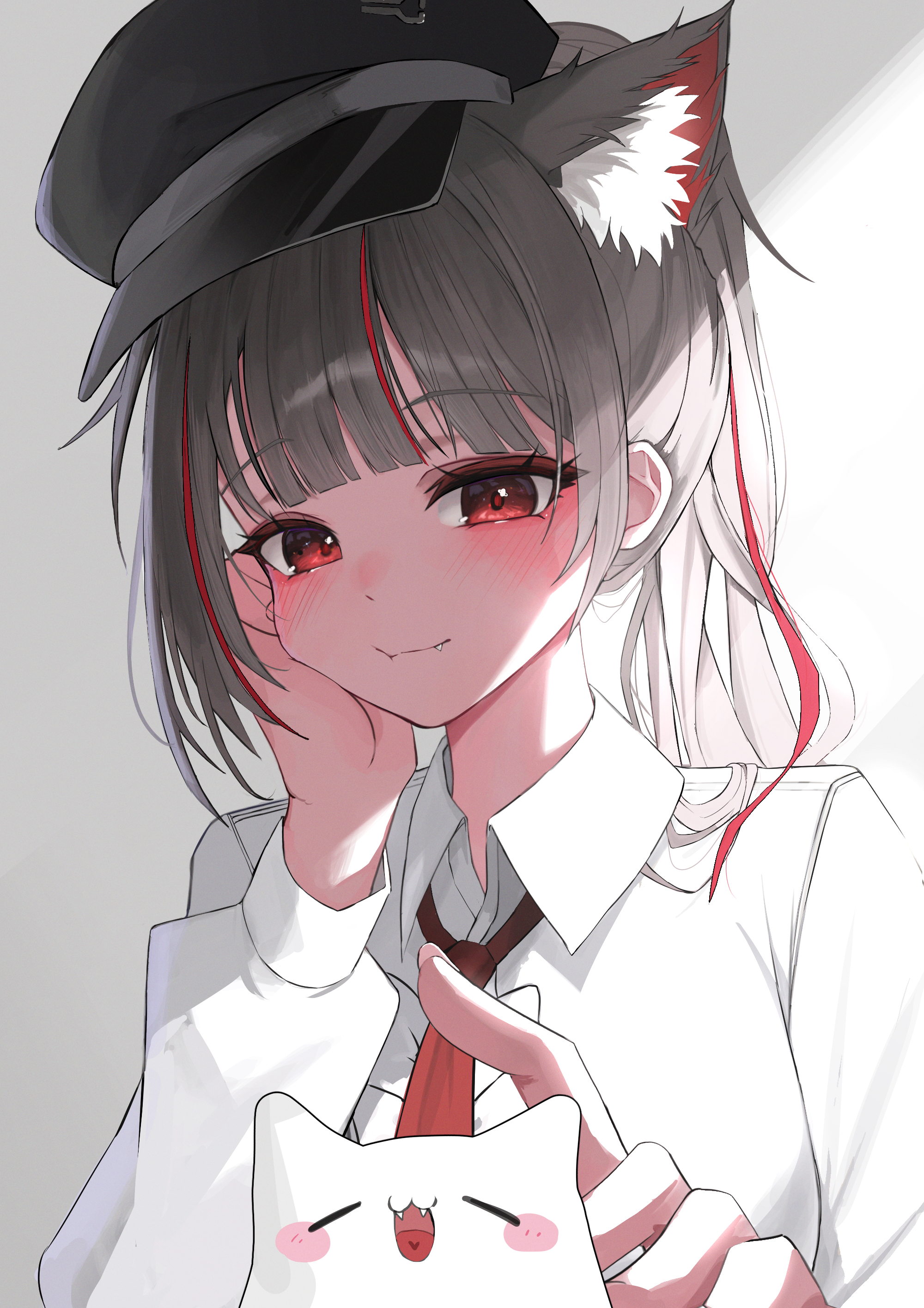 sirong e, neneko mashiro, stellive, absurdres, commentary request, highres, korean commentary, 1girl, animal ear fluff, animal ears, black hat, blunt bangs, blush, closed mouth, collared shirt, creature, fang, grey background, grey hair, hat, long sleeves, looking at viewer, maro (neneko mashiro), medium hair, multicolored hair, necktie, red eyes, red necktie, shirt, smile, solo, streaked hair, upper body, virtual youtuber, white shirt, wing collar