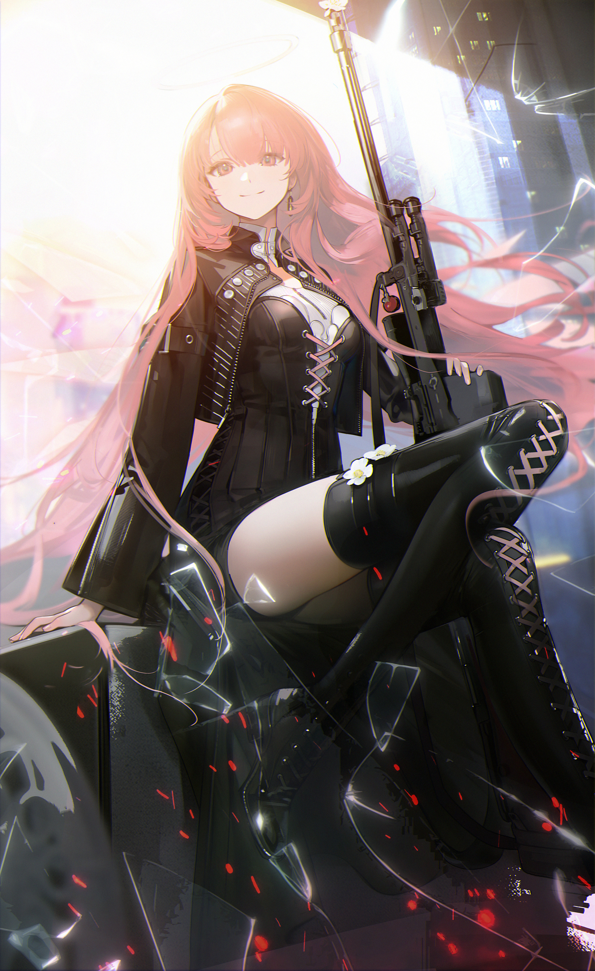 drive shot, lemuen (arknights), arknights, absurdres, commentary, highres, 1girl, black boots, black jacket, black shirt, black shorts, boots, closed mouth, cropped jacket, gun, jacket, leather, leather jacket, long hair, long sleeves, looking at viewer, open clothes, open jacket, pink eyes, pink hair, rifle, shirt, shorts, sitting, smile, sniper rifle, solo, thigh boots, thighs, weapon