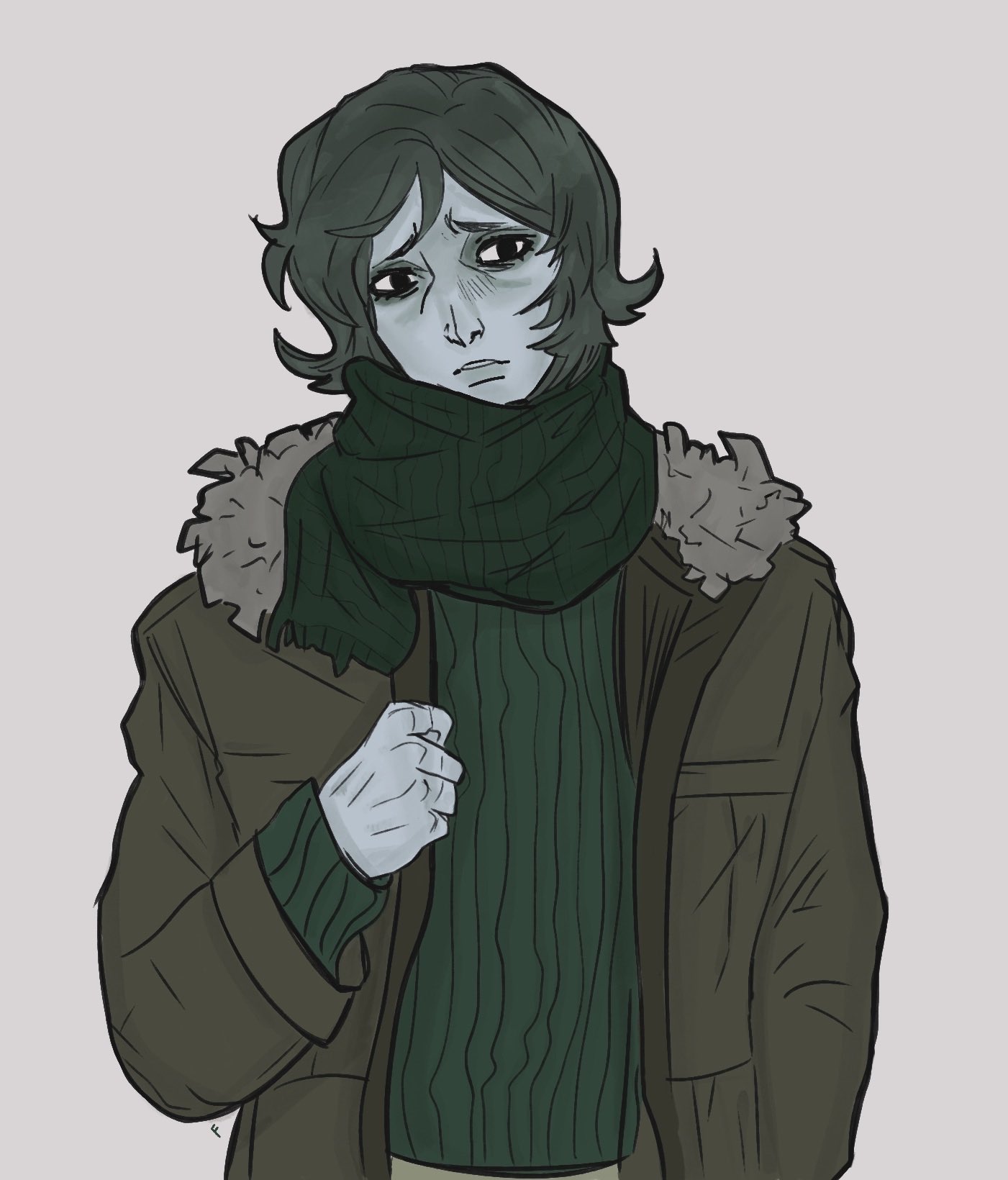 coat guy (no i'm not a human), no i'm not a human, highres, 1boy, brown coat, coat, colored skin, fur-trimmed coat, fur trim, furrowed brow, green scarf, green sweater, grey skin, ribbed shirt, risenflln, scarf, shirt, short hair, solo, sweater, white background
